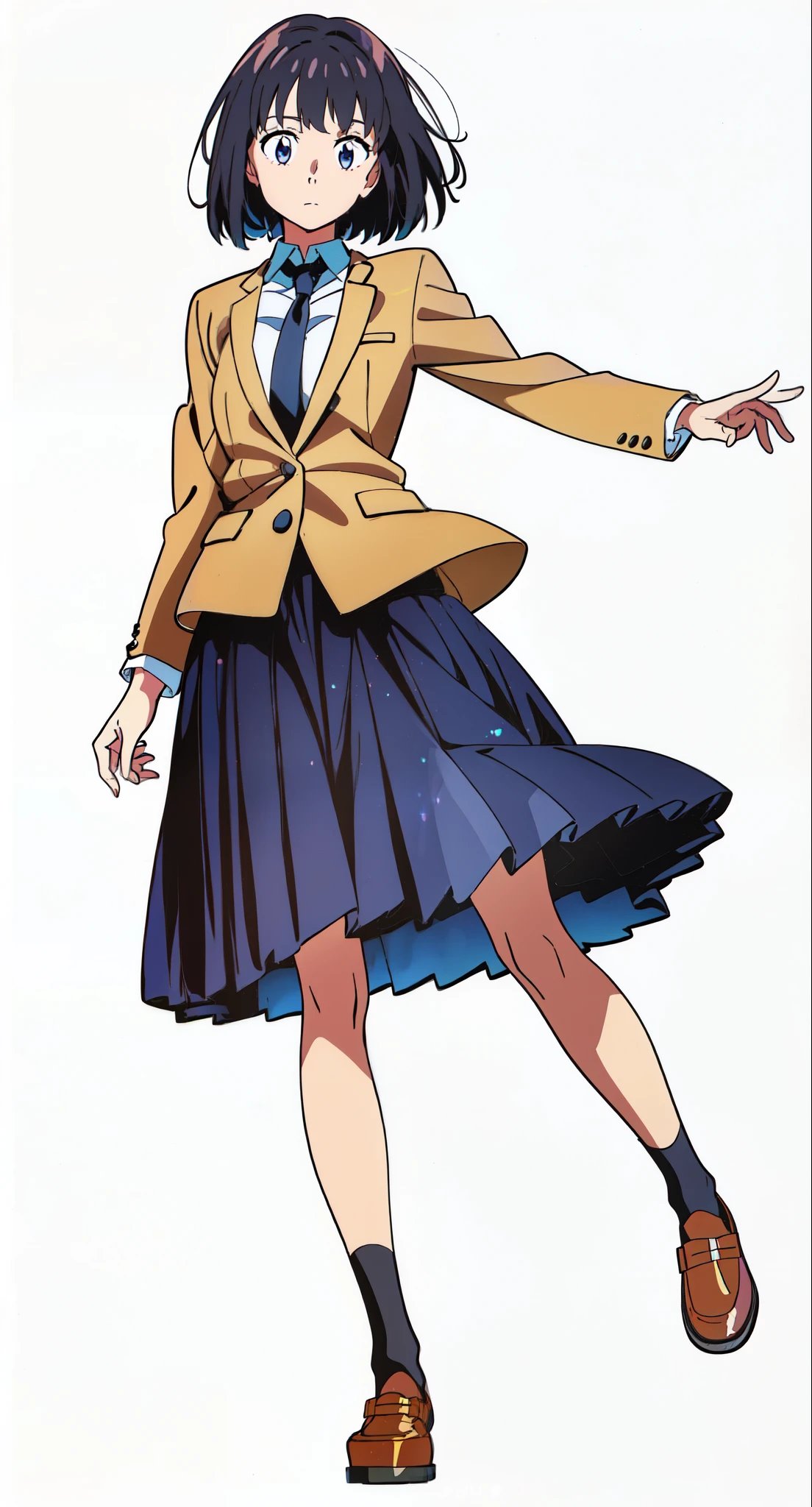 (best quality:1.0), (masterpiece:1.0), (super fine illustration:1.0), (beautiful artwork:1.0), (white background:1.0), (best quality:1.0), (masterpiece:1.0), (super fine illustration:1.0), (beautiful artwork:1.0), (anime screencap:1.0), (official art:1.0), (full body:1.0), (solo:1.0), (HSGA:1.0), (a 18yo cute girl:1.0), (long skirt:1.0), (dark blue skirt:1.0), (pleated skirt:1.0), (school uniform beige blazer:1.0), (dark blue necktie:1.0), (loafers:1.0), (black socks:1.0), (ideal ratio body proportions:1.0), (lanky:1.0), (tall:1.0), (slender:1.0), (small breasts:1.0), (smaller face:1.0), (tareme:1.25), (detailed beautiful eyes:1.25), (detailed beautiful face:1.25), (glowing black eyes:1.25), (bob cut hair:1.0), (black hair:1.0), (standing:1.0), (looking at viewer:1.0)