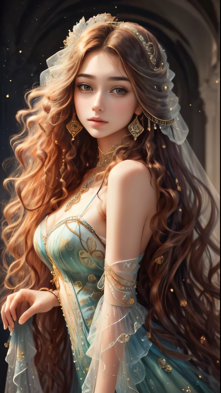 (best quality,4K,8K,highres,masterpiece:1.2),ultra-detailed,portrait of an 18-year-old noble girl with exquisite facial features, intricate long curly hair, a relaxed and graceful pose, dreamy atmosphere, expressive brushstrokes, mysterious ambiance, artistic interpretation, intricate curly hair, delicate floral jewelry with exquisite details, crystal diamond jewelry, refreshing aesthetics, stunningly intricate clothing, fantasy illustration, subtle colors and tones, mysterious aura, upgraded level of detail