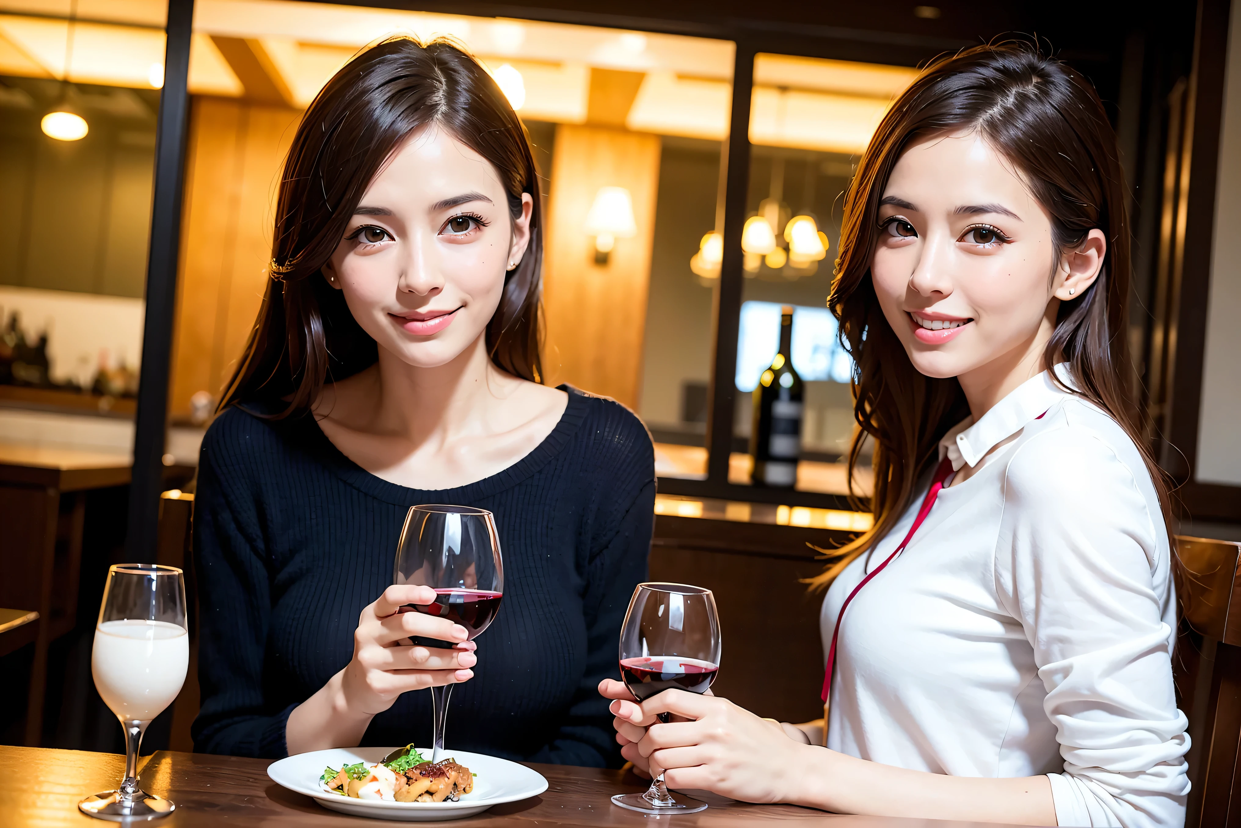64k, UHD, highest quality, masterpiece: 1.2), (realistic, photorealistic: 1.37),5-people、やわらかなsmile、gentle expression、 Super detailed, celebration party、beauty、charm、beautiful mature woman、3 women who love wine、three men、Kobe、Yokohama、champagne、sparkling wine、winter night、restaurantでワイン宴会、(slimな男女4名),(Wine party for 5 people)、(slimフェイス),Happy、 最高なsmile、Fox Face、Berry Short、(because I'thin), (brown hair), (shortcut), long sleeve shirt、winter fashion、Colombia、Brazilian、Japanese、Dutch、German、Portuguese、Belgian、Italian、french, (gushing), (slimボティ), (brown hair), (shortcut), 端正なbeauty、cheeks blush a little, (41 years old), 38 years old, 35 years old、32 years old、 A beautiful and detailed night view spreads out outside the window........., restaurant, wine glassが座っている, At night, in a prominent place (from the Upper body) nova frog style, actress, model, Upper body, White wine, slim, wine glass, Very beautiful night view, wine glass Put in the Middle, Happy smile, (smile: 1.15),