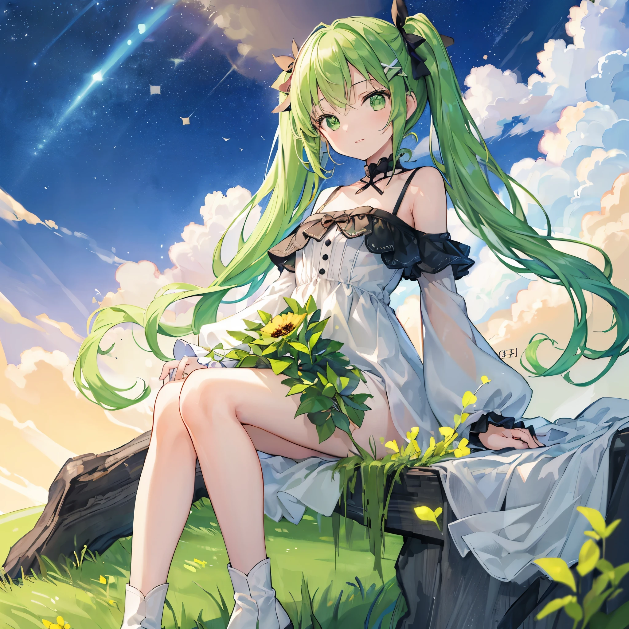 (highest quality:1.5), (masterpiece:1.5), (High resolution:2.0)、beautiful girl alone、cute、、small breasts、sit on top、(laughter)、(green eyes)、(eye details)、shining eyes、(green hair)、((twin tails))、(medium long hair)、Metal hair clipper、(white dress)、black patterned clothes、green frill、long sleeve、black boots、Golden petals sparkling in the wind、darkness、Take-out、Natural、grassland、one arm is in front of you、full body shot、Glowing white stone