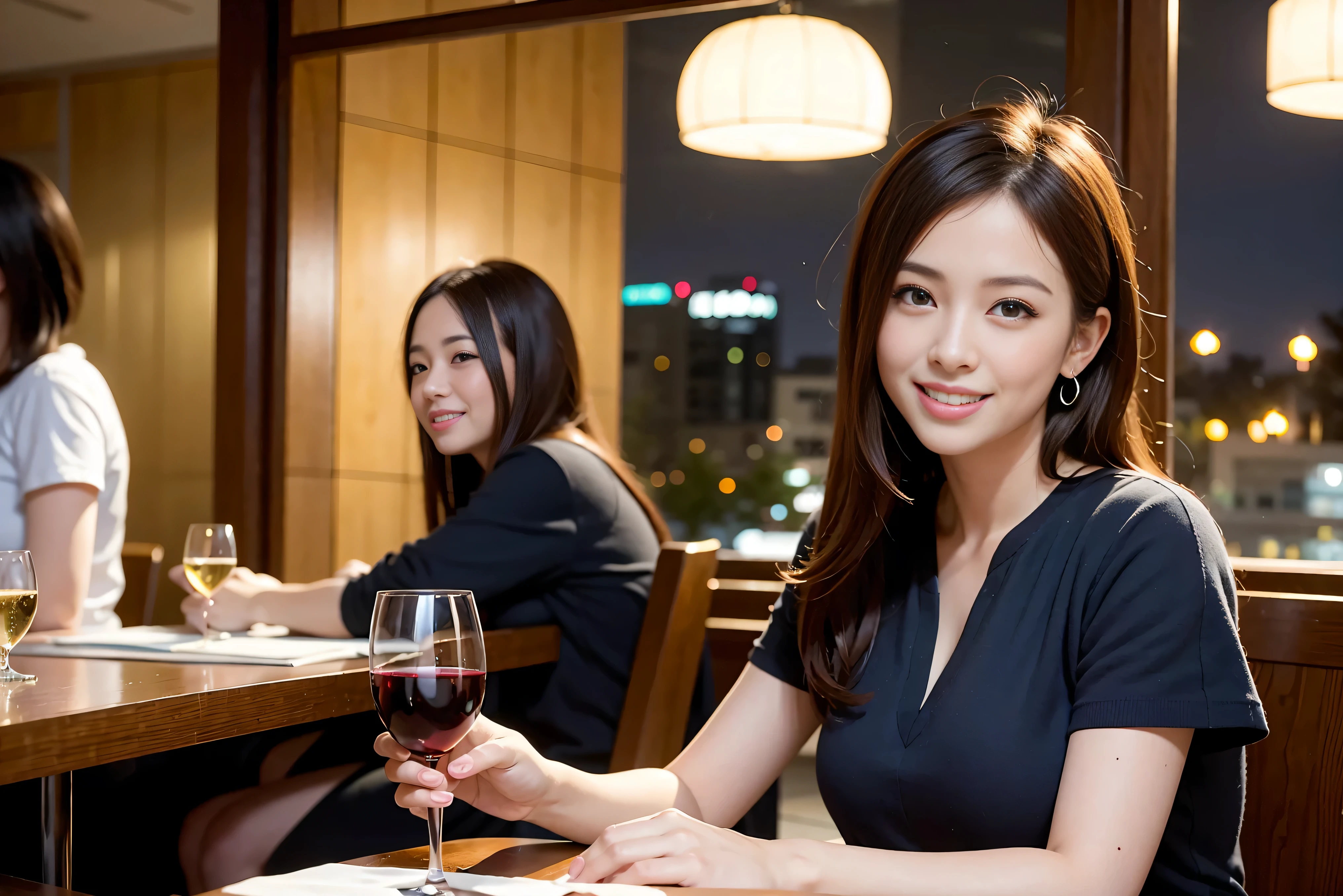 64k, UHD, highest quality, masterpiece: 1.2), (realistic, photorealistic: 1.37),5-people、やわらかなsmile、gentle expression、 Super detailed, celebration party、beauty、charm、beautiful mature woman、3 women who love wine、three men、Kobe、Yokohama、champagne、sparkling wine、winter night、restaurantでワイン宴会、(slimな男女4名),(Wine party for 5 people)、(slimフェイス),Happy、 最高なsmile、Fox Face、Berry Short、(because I'thin), (brown hair), (shortcut), long sleeve shirt、winter fashion、Colombia、Brazilian、Japanese、Dutch、German、Portuguese、Belgian、Italian、french, (gushing), (slimボティ), (brown hair), (shortcut), 端正なbeauty、cheeks blush a little, (41 years old), 38 years old, 35 years old、32 years old、 A beautiful and detailed night view spreads out outside the window........., restaurant, wine glassが座っている, At night, in a prominent place (from the Upper body) nova frog style, actress, model, Upper body, White wine, slim, wine glass, Very beautiful night view, wine glass Put in the Middle, Happy smile, (smile: 1.15),