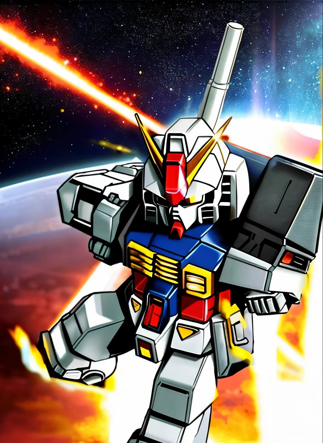 (masterpiece)、 (SF)、 (SD Gundam)、(F91)、highest quality、chibi character、Also々new face details、he had a bazooka and a saber.、Mechanic Robot、Flying through the sky like a comet、and flames surround it,、fin funnel flying、realistic outer space、Maximum output、continuous attack、beam radiation、Vesbar、Fully armed、earth in background、steel, rust on edges、docking、core changes、