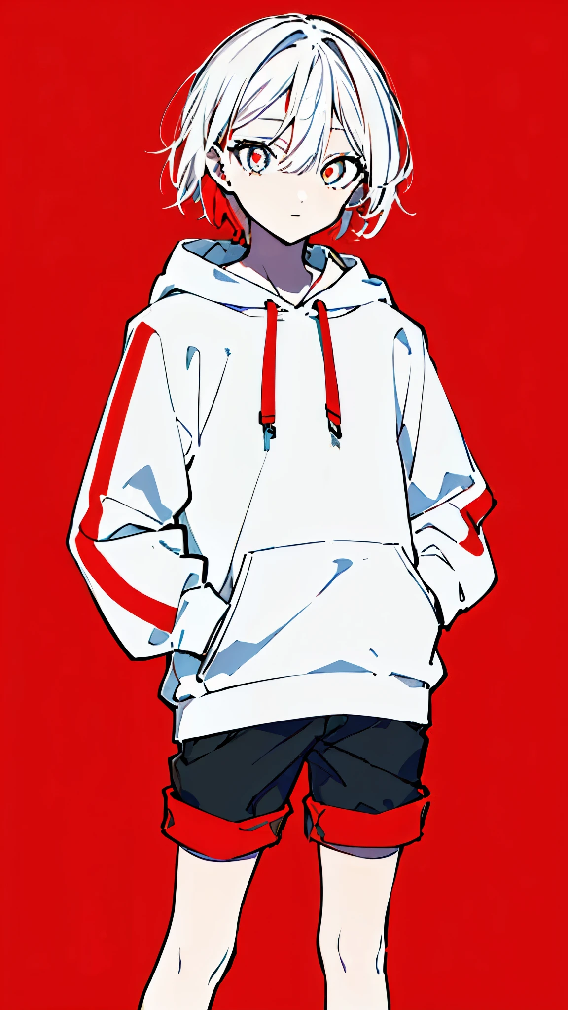 (masterpiece, highest quality:1.6), alone, thick outline, (simple background, bright red background, monochrome, bright red theme:1.2), official art, Key Visual, 8K, disorganized, whole body, (unique hair, Oversized Hoodies, hot pants, arch back, short torso:1.2), belly button, thighs, cowboy shot, HDR, sharp focus, High resolution, most detailed, very detailed, Super detailed, finely, detailed eyes and face, sharp pupils, realistic student, solo, contrast between red and white, solo, hands in pockets