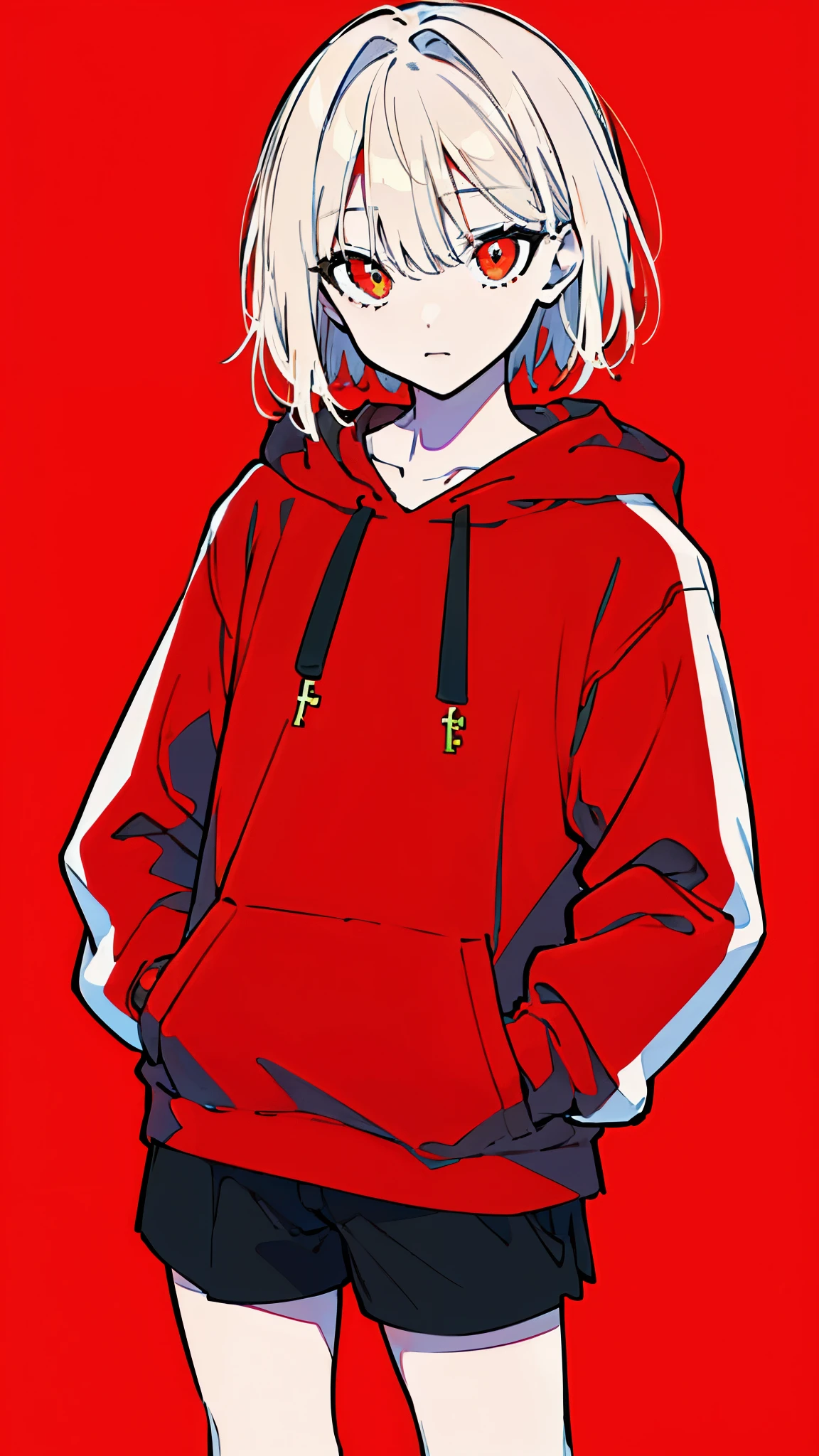 (masterpiece, highest quality:1.6), alone, thick outline, (simple background, bright red background, monochrome, bright red theme:1.2), official art, Key Visual, 8K, disorganized, whole body, (unique hair, Oversized Hoodies, hot pants, wearing a hood, arch back, short torso:1.2), belly button, thighs, cowboy shot, HDR, sharp focus, High resolution, most detailed, very detailed, Super detailed, finely, detailed eyes and face, sharp pupils, realistic student, solo, contrast between red and white, solo, hands in pockets