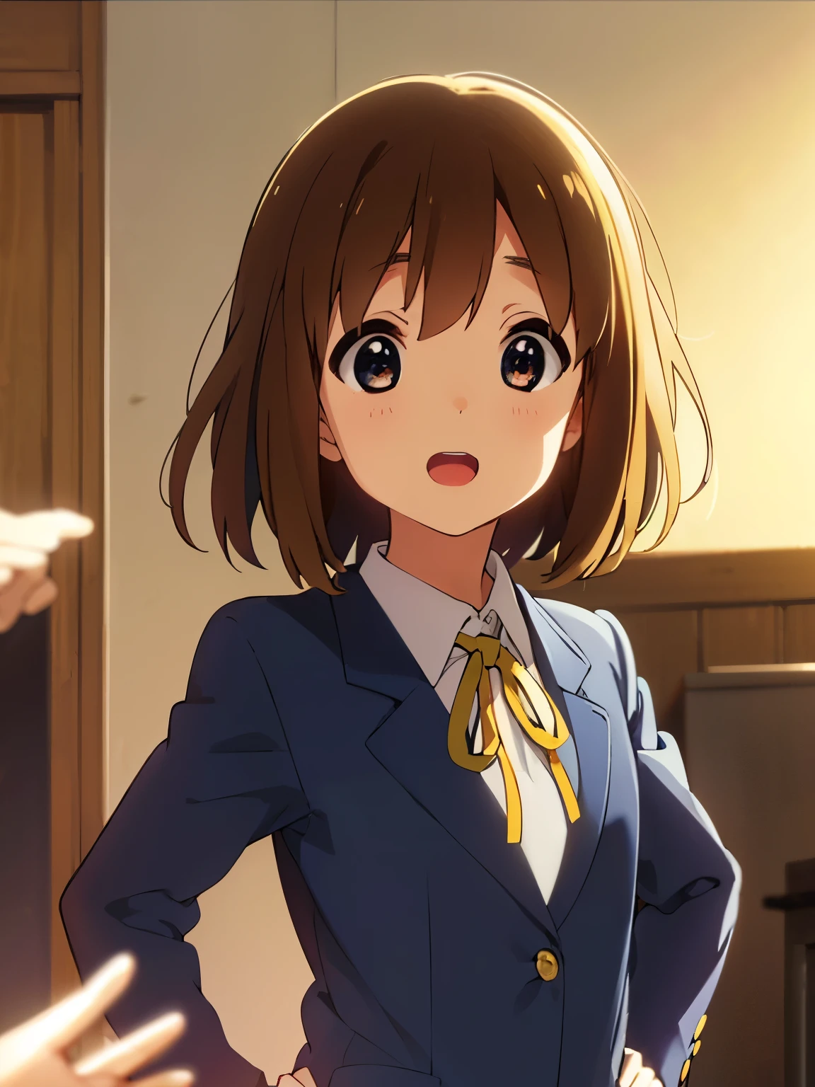 1girl, (((​masterpiece))), top-quality, top-quality, High Details, Hirasawa Yui, 1girl, Sakuragaoka High School Uniform, student clothes, two yellow hairpin, short hair, A brown-haired, brown-eyed, 独奏, reddish, Dark blue blazer with thin blue ribbon, Solid white buttoned shirt under blazer, illustratio, comic strip, soothing tones, Subdued Color, Soft cinematic light, adobe lightroom, photolab, HDR, intricately and hyper-detailed、(((depth of fields))))。(((​masterpiece)))。(((top-quality))).)((ultra-detailliert)))。(((illustratio)))。(((takeout))).dynamic focus.big breasts.(((Skyscrapers))).(((A city scape))).(((Face of happiness))). open mouth.(((put hands on the hip))).(((up chest))).((afternoon glow)).((the setting sun)).