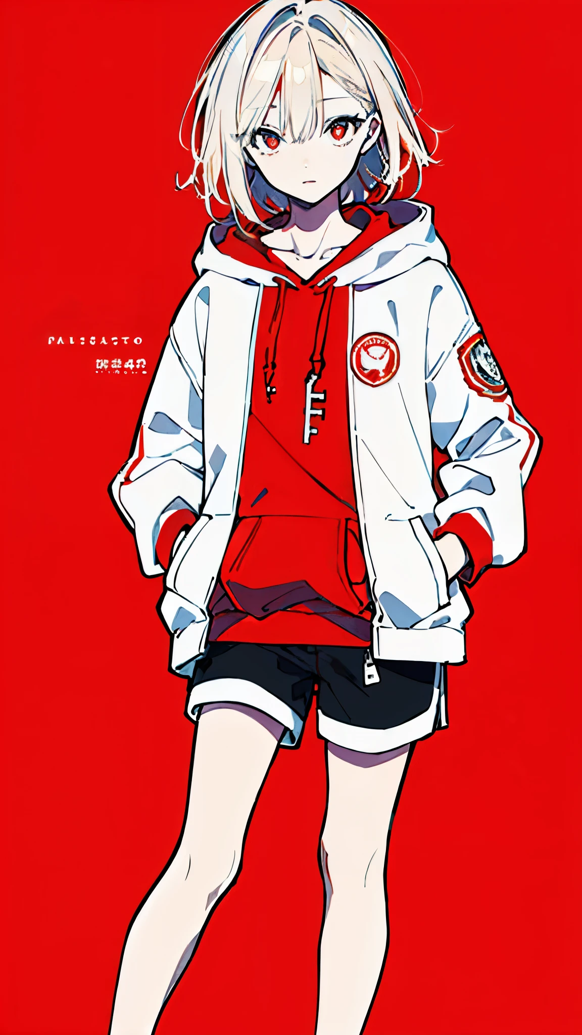 (masterpiece, highest quality:1.6), alone, thick outline, (simple background, bright red background, monochrome, bright red theme:1.2), official art, Key Visual, 8K, disorganized, whole body, (unique hair, Oversized Hoodies, hot pants, wearing a hood, arch back, short torso:1.2), belly button, thighs, cowboy shot, HDR, sharp focus, High resolution, most detailed, very detailed, Super detailed, finely, detailed eyes and face, sharp pupils, realistic student, solo, contrast between red and white, solo, hands in pockets