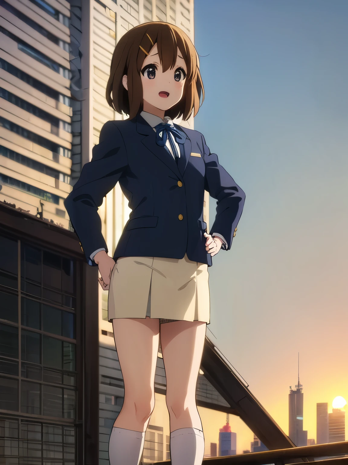 1girl, (((​masterpiece))), top-quality, top-quality, High Details, Hirasawa Yui, 1girl, Sakuragaoka High School Uniform, student clothes, short hair, A brown-haired, brown-eyed, 独奏, reddish, Dark blue blazer with thin blue ribbon, Solid white buttoned shirt under blazer, illustratio, comic strip, soothing tones, Subdued Color, Soft cinematic light, adobe lightroom, photolab, HDR, intricately and hyper-detailed、(((depth of fields))))。(((​masterpiece)))。(((top-quality))).)((ultra-detailliert)))。(((illustratio)))。(((takeout))).dynamic focus.big breasts.(((Skyscrapers))).(((A city scape))).(((Face of happiness))). open mouth.(((put hands on the hip))).(((up chest))).((afternoon glow)).((the setting sun)).