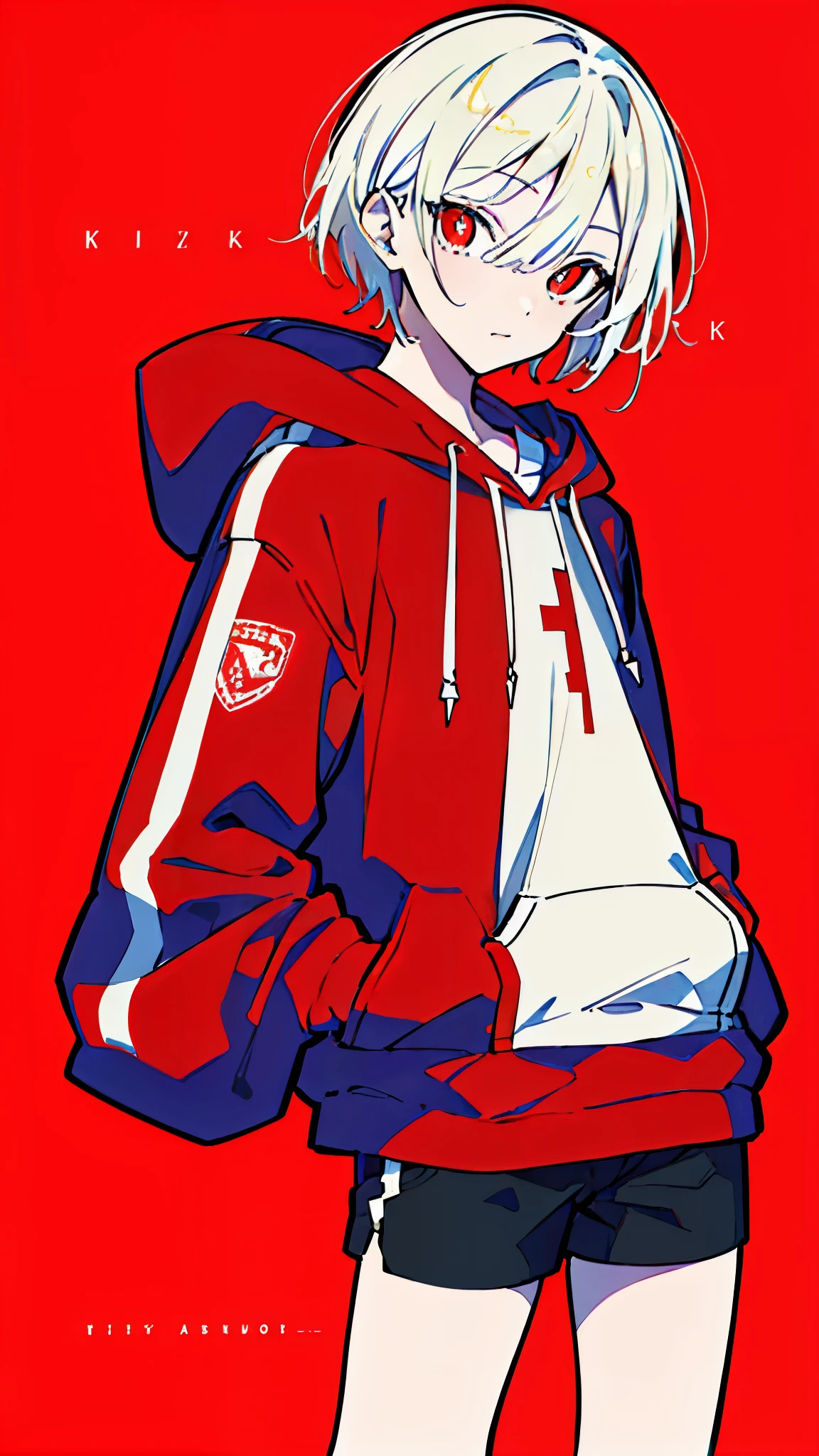 (masterpiece, highest quality:1.6), alone, thick outline, (simple background, bright red background, monochrome, bright red theme:1.2), official art, Key Visual, 8K, disorganized, whole body, (unique hair, Oversized Hoodies, hot pants, wearing a hood, arch back, short torso:1.2), belly button, thighs, cowboy shot, HDR, sharp focus, High resolution, most detailed, very detailed, Super detailed, finely, detailed eyes and face, sharp pupils, realistic student, solo, contrast between red and white, solo, hands in pockets