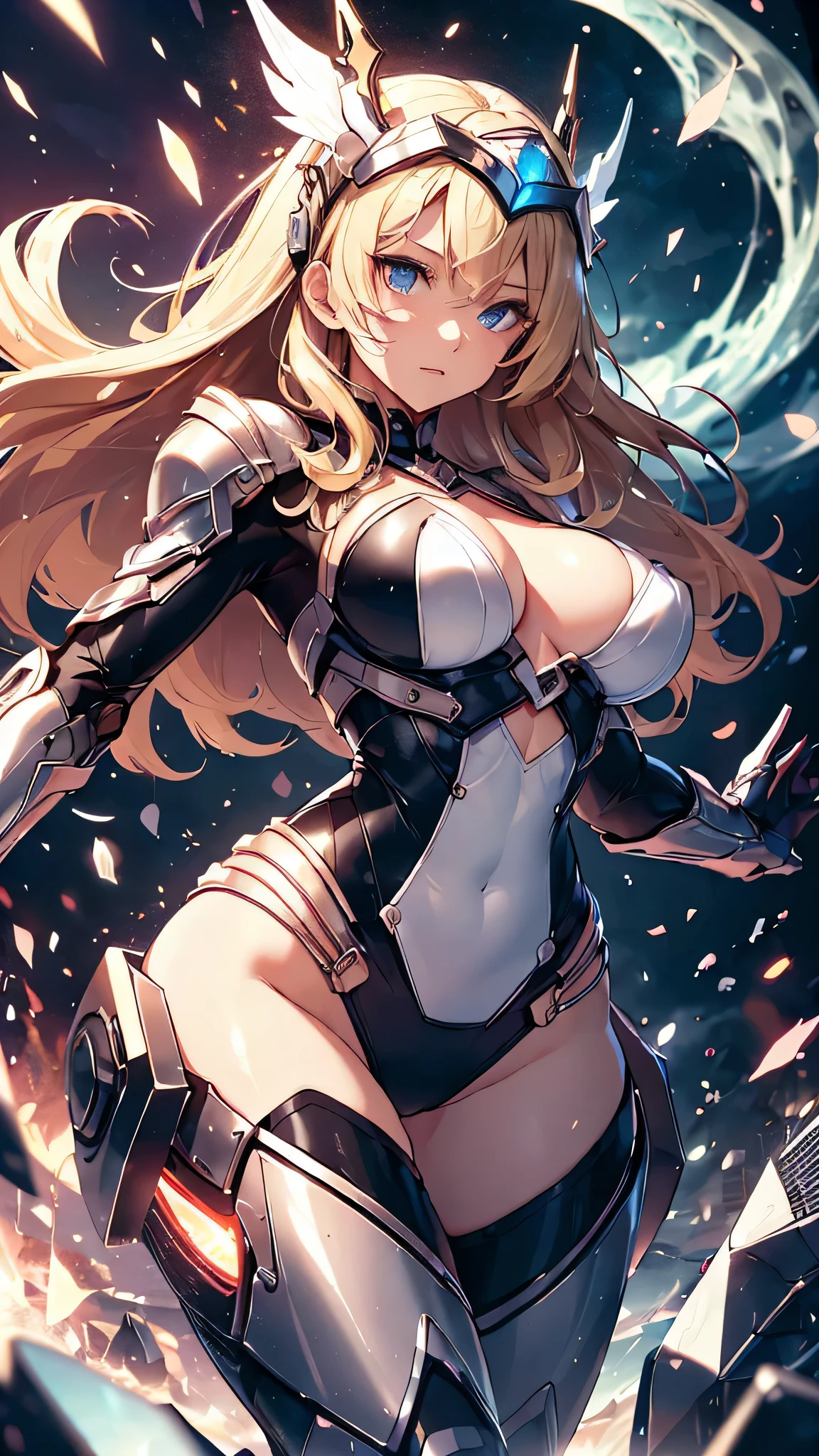 最high quality、best image quality、masterpiece、Android Girl((Robot body、20-year-old、 By becoming、vest bust、medium bust,wide open breast tea、black eye, blonde hair、long hair、thin,highest valley、glowing battle uniform、elationのある動き、超high speed、Feeling of sprinting、glowing head visor、carry two handguns)),high quality、beautiful art、background((arena、high speed、Red laser))、debris flies、書かれた境界のdepth、movie、visual art、perfect art、8K,genuine、elation、Dynamic expression(1:2)、elation、depth((big explosion))