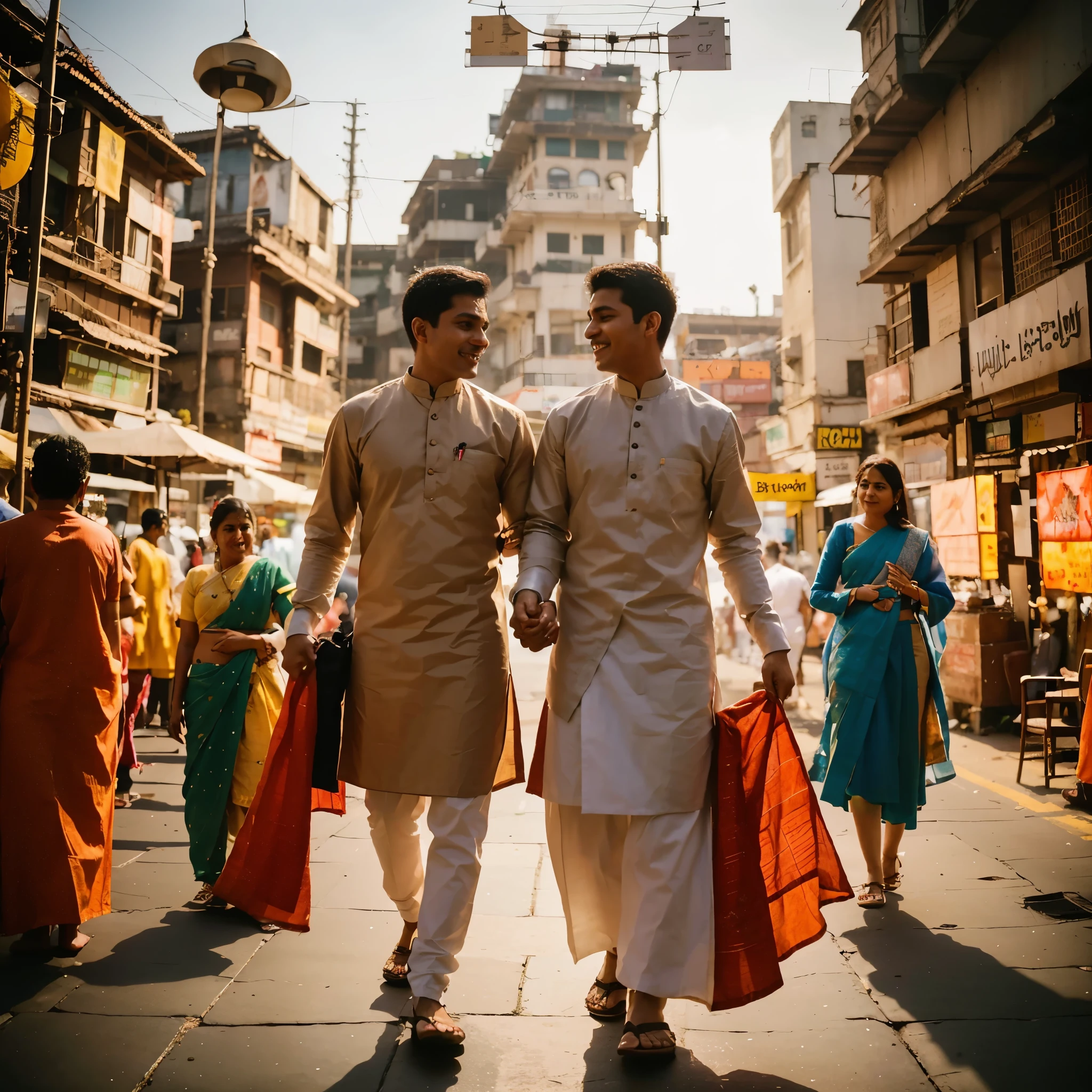Capture a candid photograph of two gay men, dressed in vibrant traditional Indian attire, holding hands and walking through Mumbai's lively streets. Focus on depicting their love and connection against the city's dynamic backdrop, ensuring their interactions appear spontaneous and genuine. Choose a setting that embodies Mumbai's cultural vibrancy, such as a bustling market or near iconic landmarks, to provide context. Use a long shot to balance their intimacy with the city's energy, employing natural lighting for authenticity. The composition should highlight their joyous relationship and the inclusivity of the urban environment, with attention to the detailed beauty of their outfits and the surrounding city life. Aim for a mood that is celebratory, capturing their happiness and sense of belonging in the city. Ensure the photograph is taken respectfully, with the couple's consent, to authentically represent their love and the spirit of Mumbai in a single, compelling image. Lomg shot. Faces are clearly seen. Sharp nose. Clean brown skin.