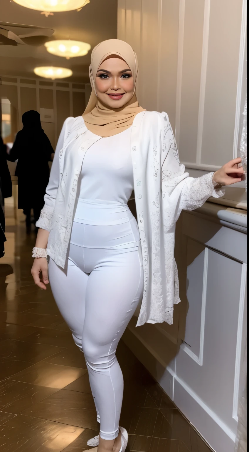 1 malay woman in hijab, (looking at viewer), ((tight white leggings)), (Small buttocks), Emphasize ass, Smaller chest, laughing smile, (hijab flying), pale skin, small breasts thin waist, china street style street, Hyper-Realism, Cinematic lighting, depth of fields, From below, vanishing point, F/2.8, Anatomically correct, Textured skin, Super Detail, award winning, Best Quality, high resolution,