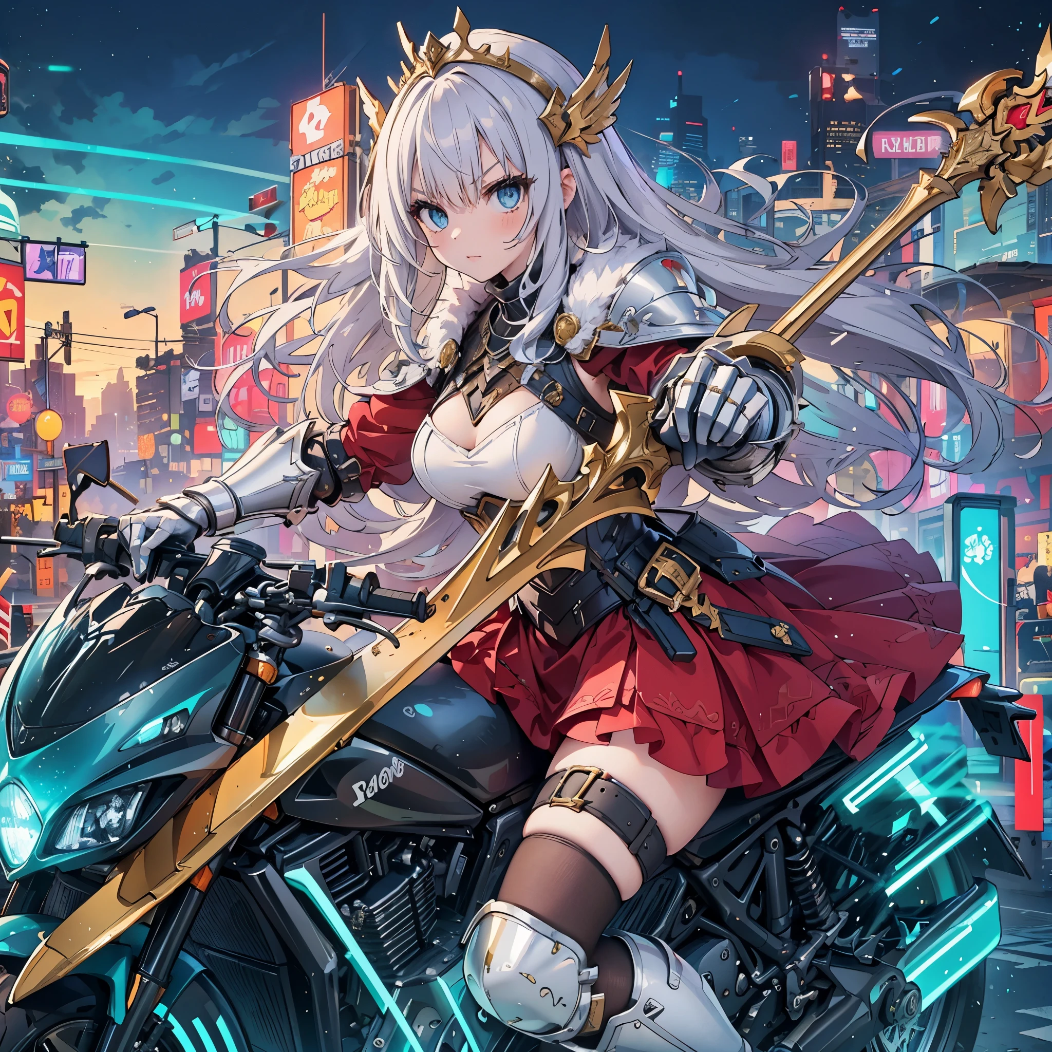 (masterpiece), best quality, fantasy art, 1girl, (solo:1.5), a female knight in red dress and metal armor with gold decoration holding giant sword, long hair, white hair, tiara, glaring, weapon, sword, holding_weapon, riding on a cyberpunk style motorcycle, motorcycle, ground vehicle, motor vehicle, cybercity background, ((cyber city)),speed lines, vivid color,armored dress