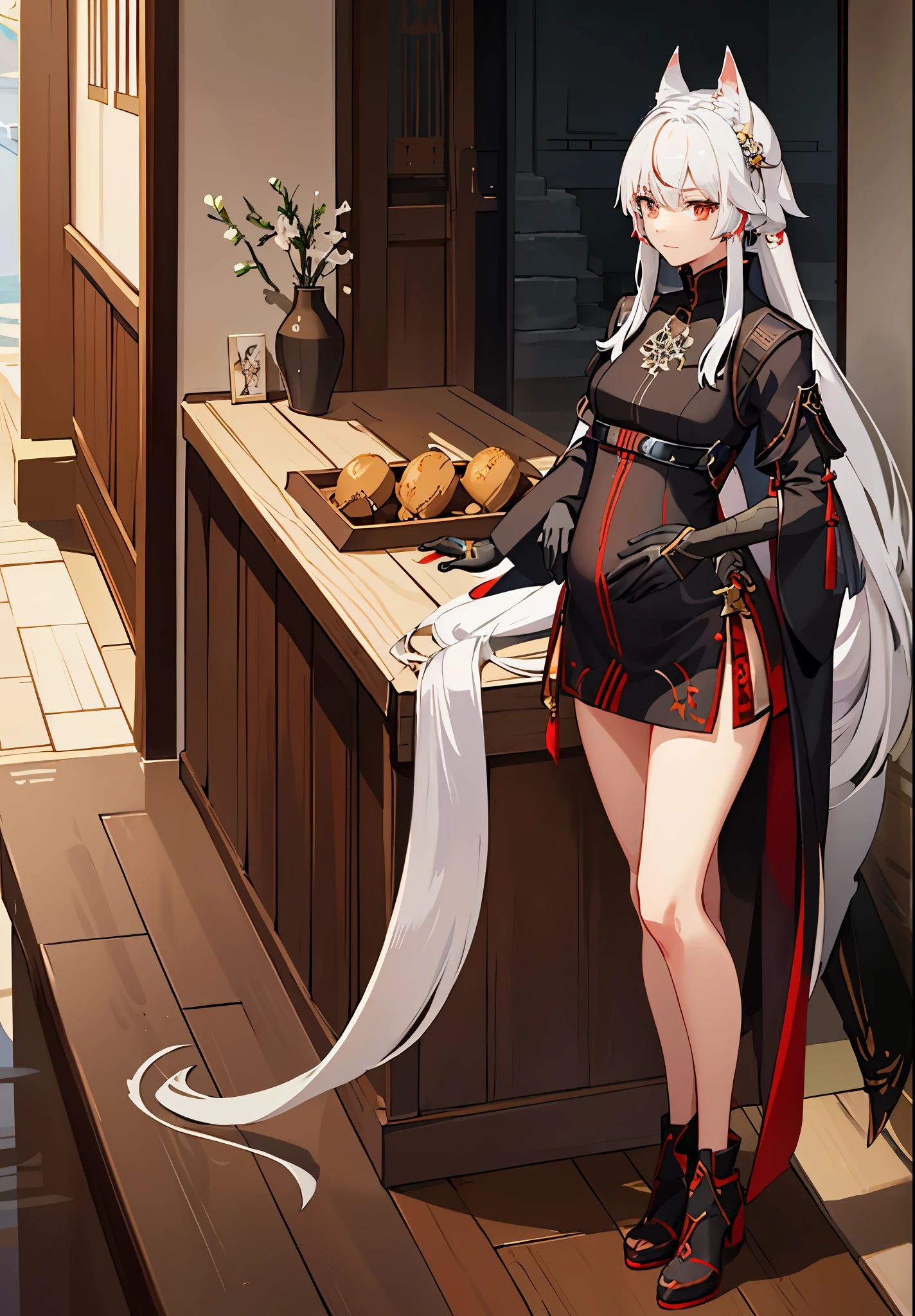 a woman in a dress holding a dagger and a dagger, video game character, from arknights, fox nobushi holding a dagger, hajime yatate, keqing from genshin impact, white haired deity, with small sword, ayaka genshin impact, female action anime girl, official character art, anime character, pregnant anime girl, fetus