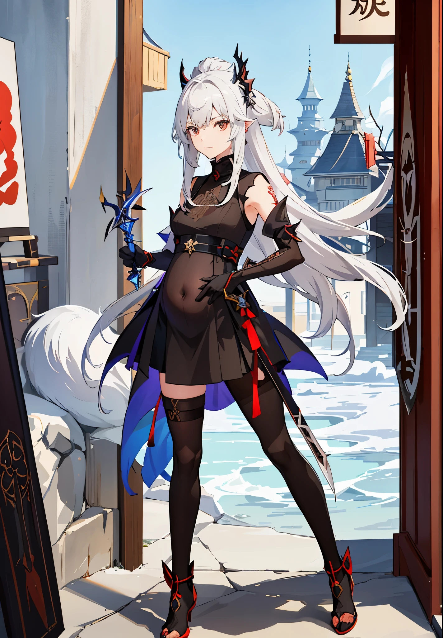 a woman in a dress holding a dagger and a dagger, video game character, from arknights, fox nobushi holding a dagger, hajime yatate, keqing from genshin impact, white haired deity, with small sword, ayaka genshin impact, female action anime girl, official character art, anime character, pregnant anime girl, fetus