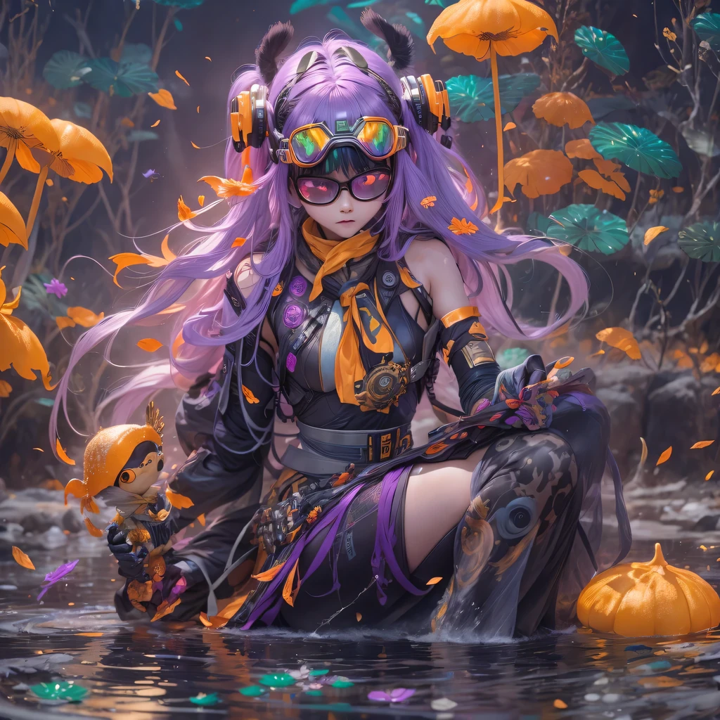 Chapter 3679 The Year of Cyberpunk(masterpiece,HD,超HD,32k lotus root starch)Bright purple flowing hair,autumn pond, lotus root starch color, Asian (Michiko), (silk scarf), fighting stance, looking at the colorful balloons, Orange gradient long hair, ((Thick frame reflective jade windproof goggles))Floating bright purple, Fire cloud gold headdress, Chinese long-sleeved gold silk garment, (Abstract ink splash:1.2),mars background,lotus(realistically:1.4),bright purple hair,Smoke on the road,The background is very ivory、pure, high resolution, Detailed wind protection goggles, RAW photos lotus root starch, Sharp Re, Nikon D850 film photo by Jefferies Lee 4 Kodak Portra 400 camera F1.6 guns, rich and colorful, Super real、Vivid texture, dramatic lighting, Unreal Engine Art Station Trend, Silicon Nest 800