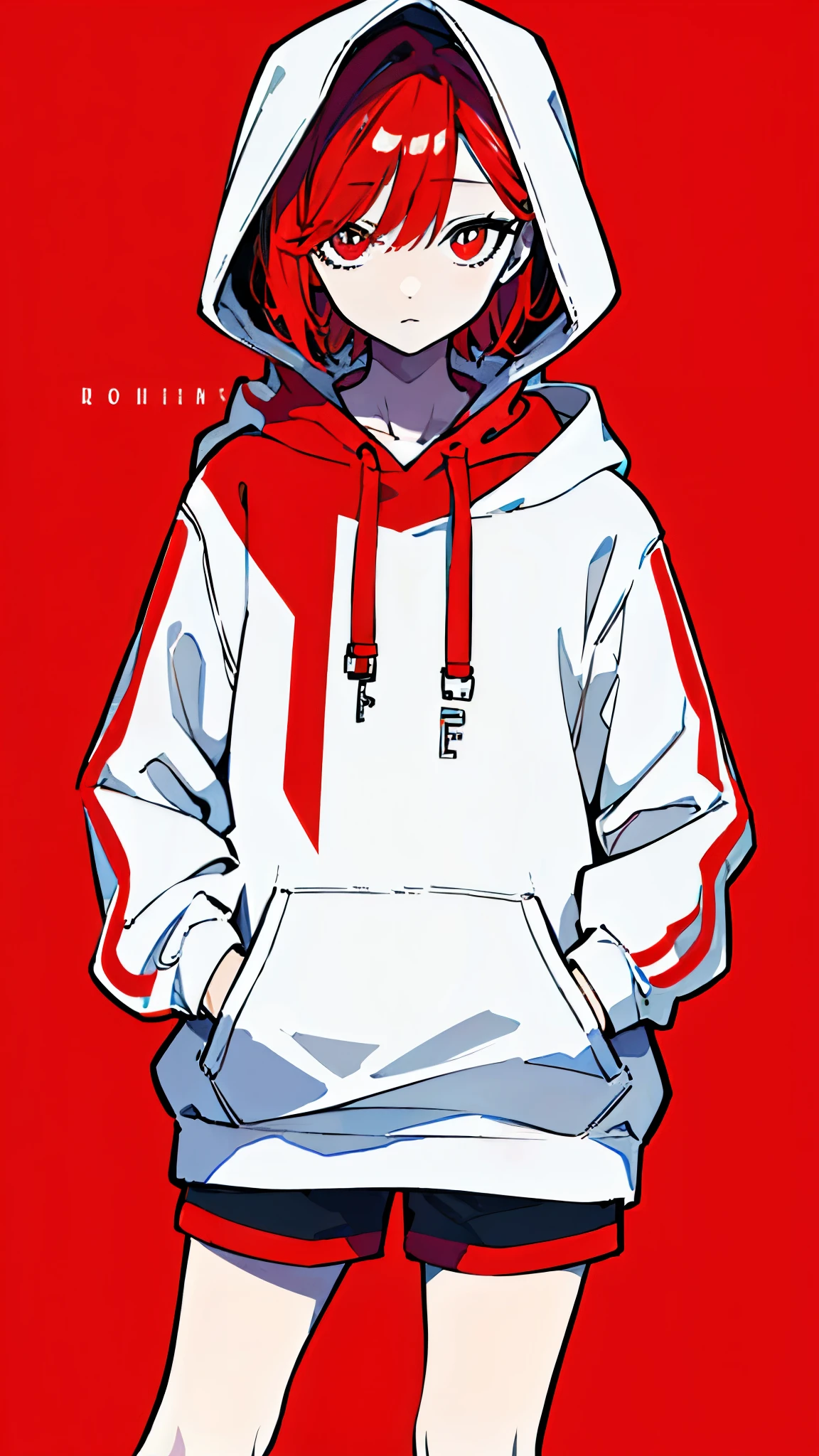 (masterpiece, highest quality:1.6), alone, thick outline, (simple background, bright red background, monochrome, bright red theme:1.2), official art, Key Visual, 8K, disorganized, whole body, (unique hair, Oversized Hoodies, hot pants, wearing a hood, arch back, short torso:1.2), belly button, thighs, cowboy shot, HDR, sharp focus, High resolution, most detailed, very detailed, Super detailed, finely, detailed eyes and face, sharp pupils, realistic student, solo, contrast between red and white, solo, hands in pockets