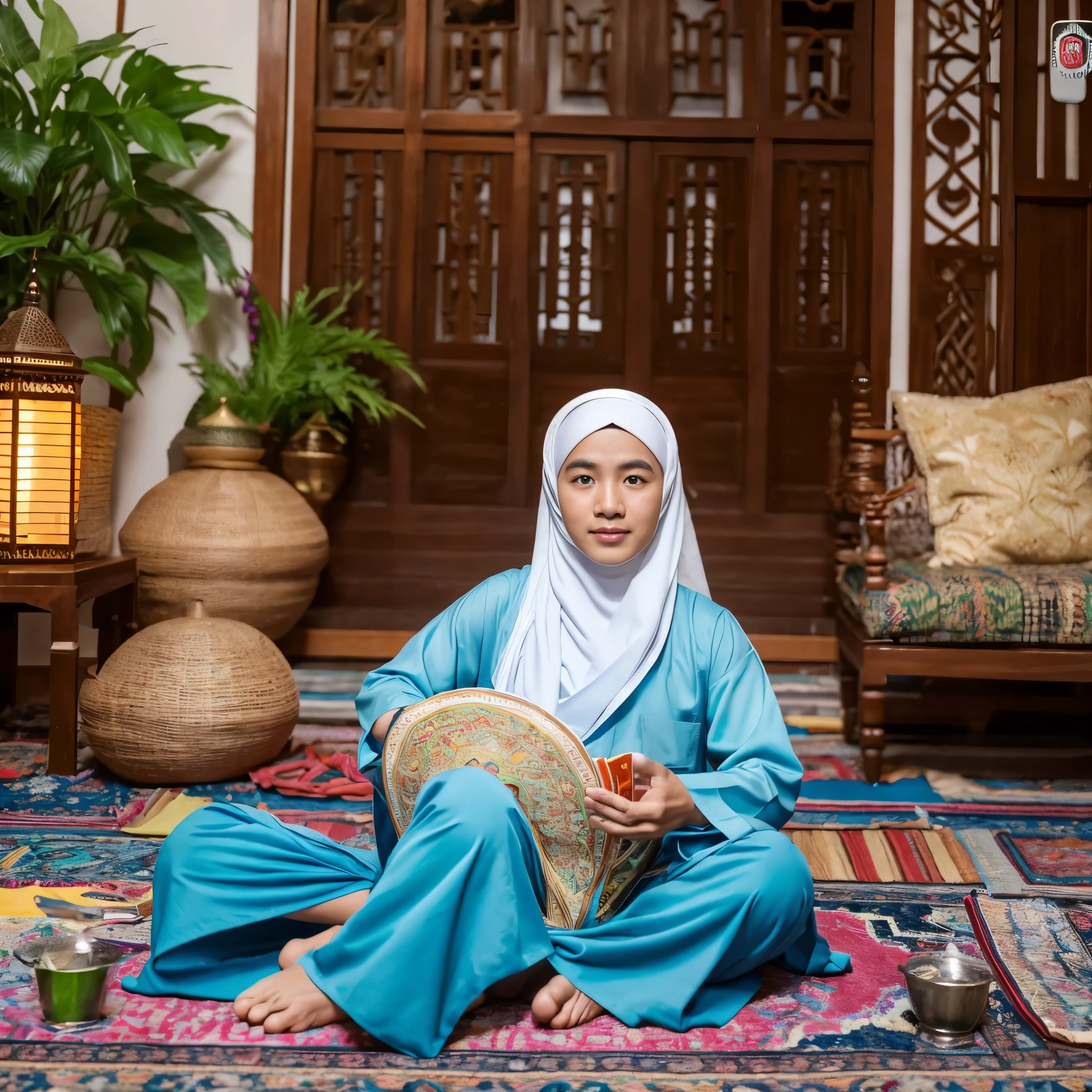 potrait real pasangan muslim asal Indonesia, berpakaian islami, posisi tangan namaste, berada dalam frame 3D bertema Ramadhan, ada gambar lentera dan mesjid, dibawahnya ada tulisan "Marhaban ya Ramadhan"