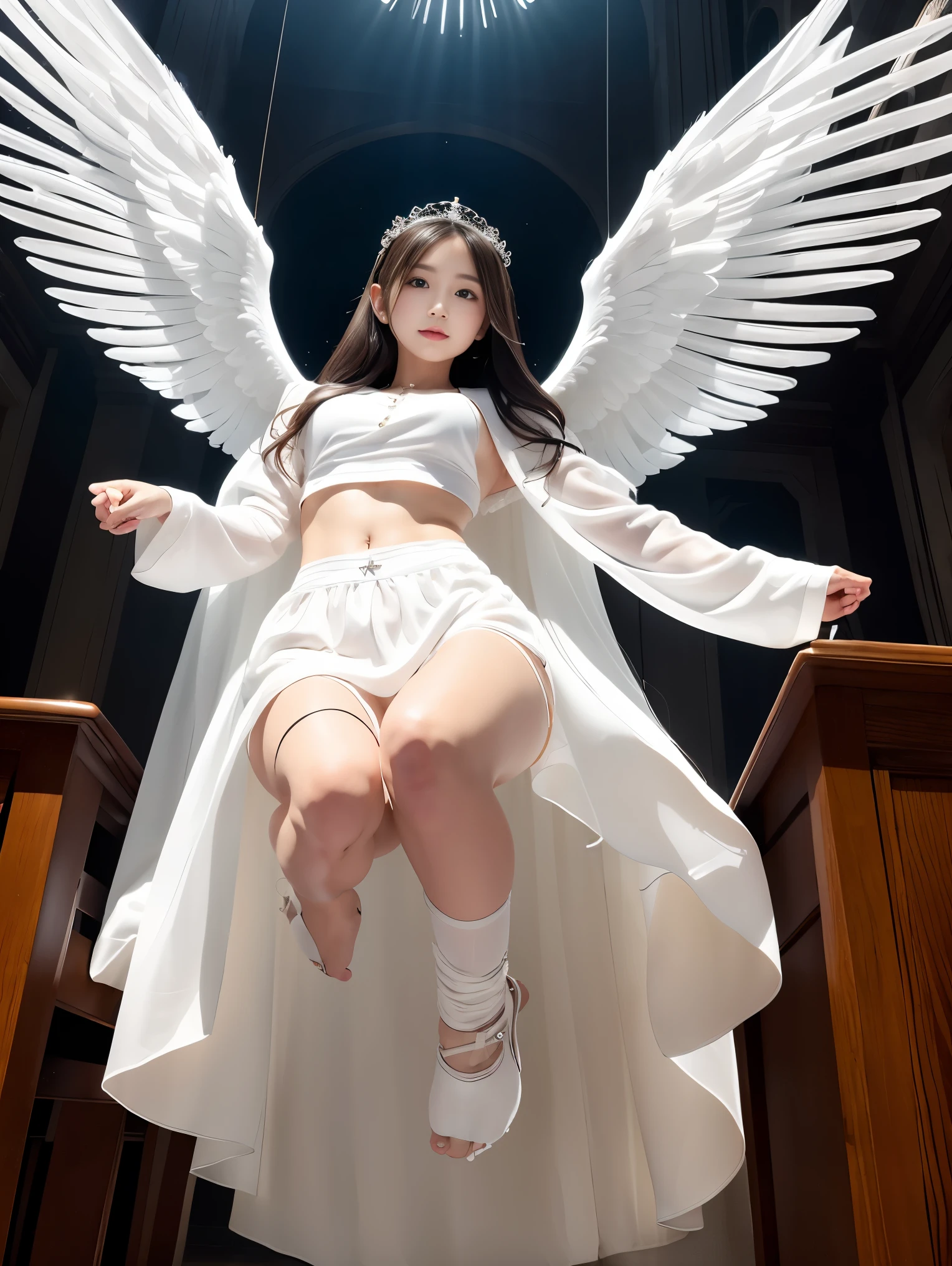 （tops:1.6)，,(jumping:1.5),floating in the air，surreal, Angel, (transparent clothes 1.3),,Fair skin, The jacket hides the stomach,（wings that cover the body:1.9),, the wings pierce through the clothes，cover your face with your hands、（Pale light envelops the whole body:1.6)、cheese，church，Angelの絵が飾ってある，rosary，White monastic vestments:1.4，white long skirt，veil，beautiful face,(Lower body focus from directly below:1.2)movie scene