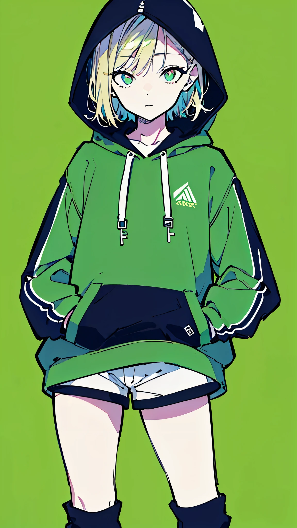 (masterpiece, highest quality:1.6), alone, thick outline, (simple background, light green background, monochrome, light green theme:1.2), official art, Key Visual, 8K, disorganized, whole body, (unique hair, Oversized Hoodies, hot pants, wearing a hood, arch back, short torso:1.2), belly button, thighs, cowboy shot, HDR, sharp focus, High resolution, most detailed, very detailed, Super detailed, finely, detailed eyes and face, sharp pupils, realistic student, solo, green and white contrast, solo, hands in pockets