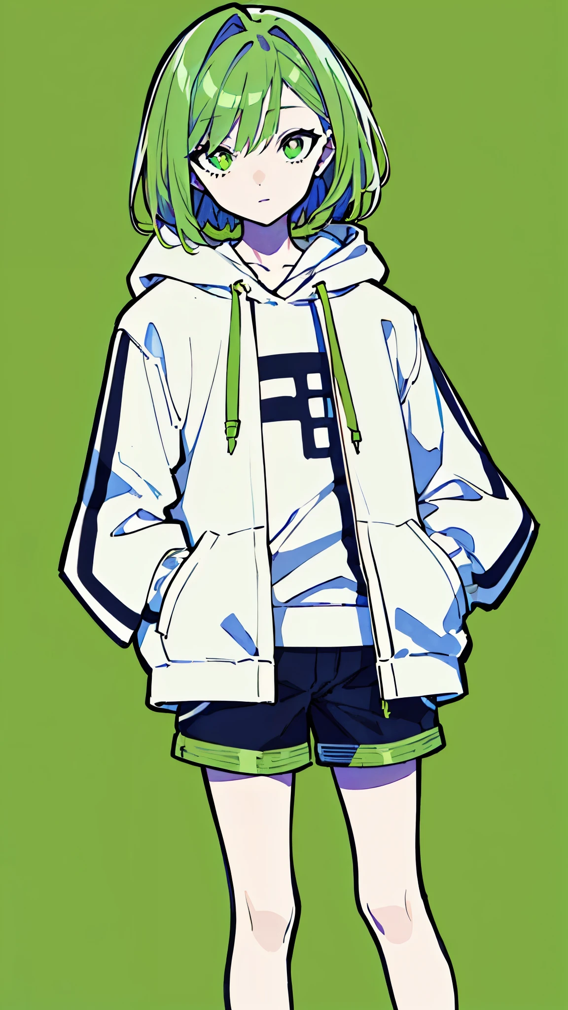 (masterpiece, highest quality:1.6), alone, thick outline, (simple background, light green background, monochrome, light green theme:1.2), official art, Key Visual, 8K, disorganized, whole body, (unique hair, Oversized Hoodies, hot pants, wearing a hood, arch back, short torso:1.2), belly button, thighs, cowboy shot, HDR, sharp focus, High resolution, most detailed, very detailed, Super detailed, finely, detailed eyes and face, sharp pupils, realistic student, solo, green and white contrast, solo, hands in pockets