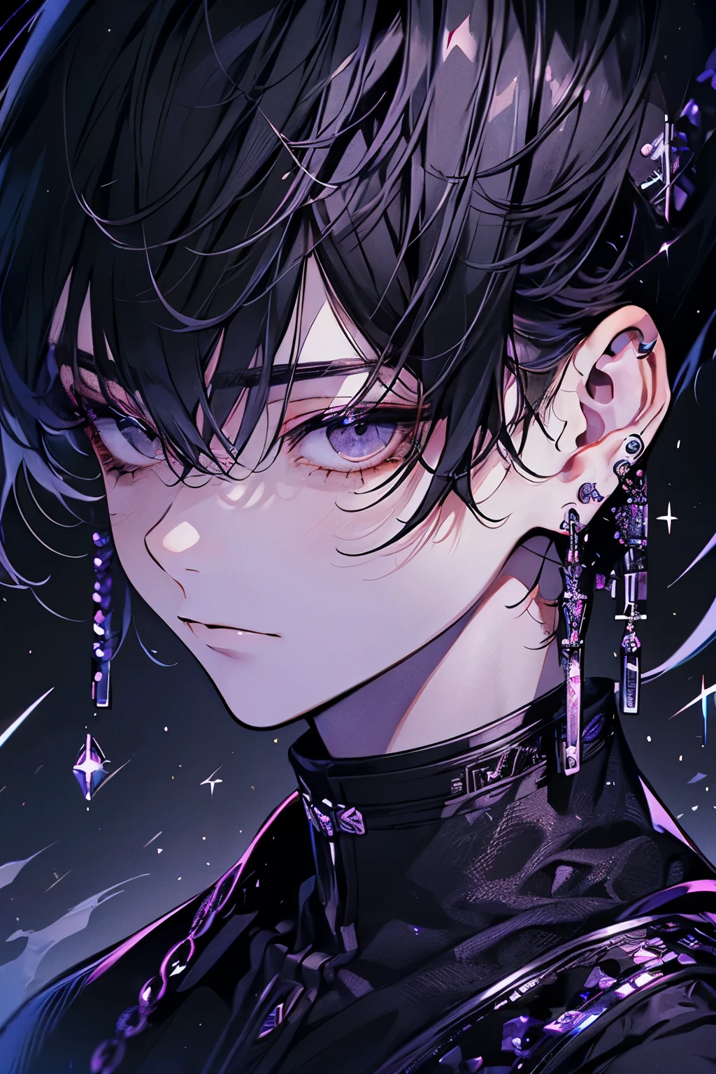 (masutepiece), (Best Quality), Highly detailed, 1 boy, Solo Focus, Perfect face, Beautiful face, extra detailed face,(A dark-haired:1.3),(black eyes:1.4),(long eyeslashes:1.3),(Sparkling earrings:1.4)