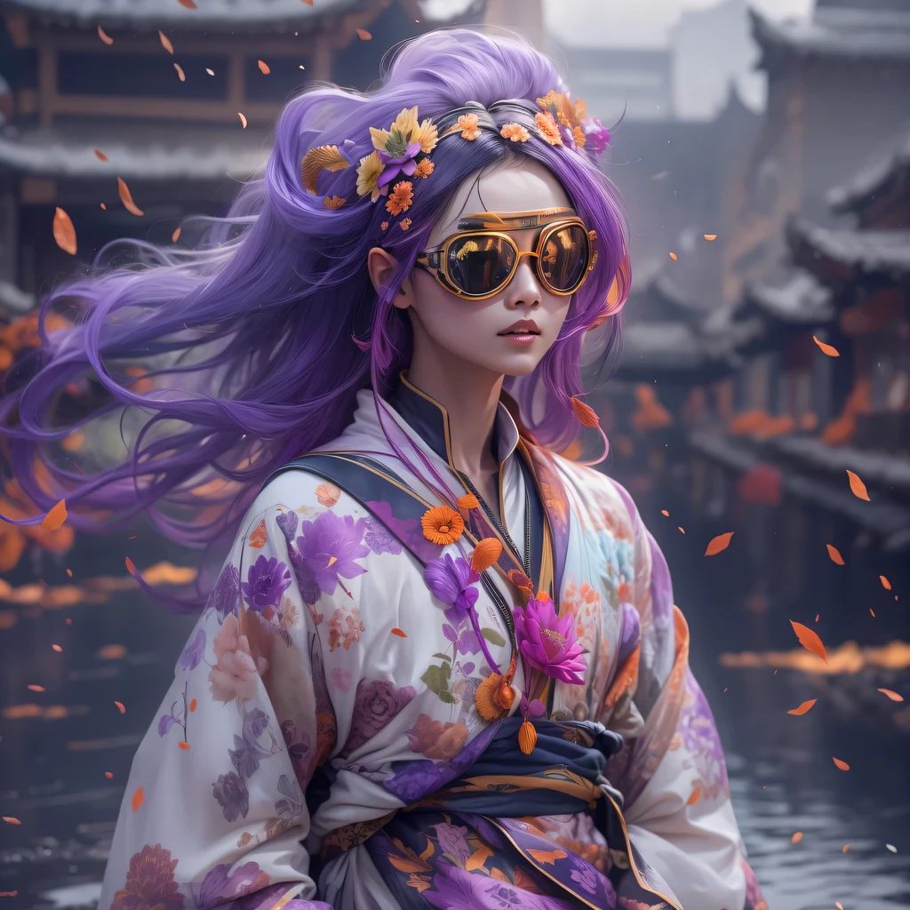 Chapter 3679 The Year of Cyberpunk(masterpiece,HD,超HD,32k lotus root starch)Bright purple flowing hair,autumn pond, lotus root starch color, Asian (Michiko), (silk scarf), fighting stance, looking at the colorful balloons, Orange gradient long hair, ((Thick frame reflective jade windproof goggles))Floating bright purple, Fire cloud gold headdress, Chinese long-sleeved gold silk garment, (Abstract ink splash:1.2),mars background,lotus(realistically:1.4),bright purple hair,Smoke on the road,The background is very ivory、pure, high resolution, Detailed wind protection goggles, RAW photos lotus root starch, Sharp Re, Nikon D850 film photo by Jefferies Lee 4 Kodak Portra 400 camera F1.6 guns, rich and colorful, Super real、Vivid texture, dramatic lighting, Unreal Engine Art Station Trend, Silicon Nest 800