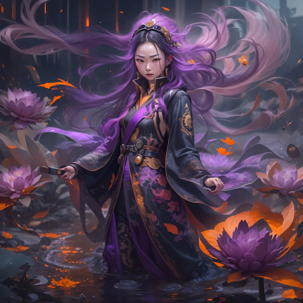 Chapter 3679 The Year of Cyberpunk（masterpiece，HD，超HD，32k lotus root starch）Bright purple flowing hair，autumn pond， lotus root starch color， Asian （Michiko）， （silk scarf）， fighting stance， looking at the colorful balloons， Orange gradient long hair， ((Thick frame reflective jade windproof goggles))Floating bright purple， Fire cloud gold headdress， Chinese long-sleeved gold silk garment， （Abstract ink splash：1.2），mars background，lotus（realistically：1.4），bright purple hair，Smoke on the road，The background is very ivory、pure， high resolution， Detailed wind protection goggles， RAW photos lotus root starch， Sharp Re， Nikon D850 film photo by Jefferies Lee 4 Kodak Portra 400 camera F1.6 guns, rich and colorful, Super real、Vivid texture, dramatic lighting, Unreal Engine Art Station Trend, Silicon Nest 800