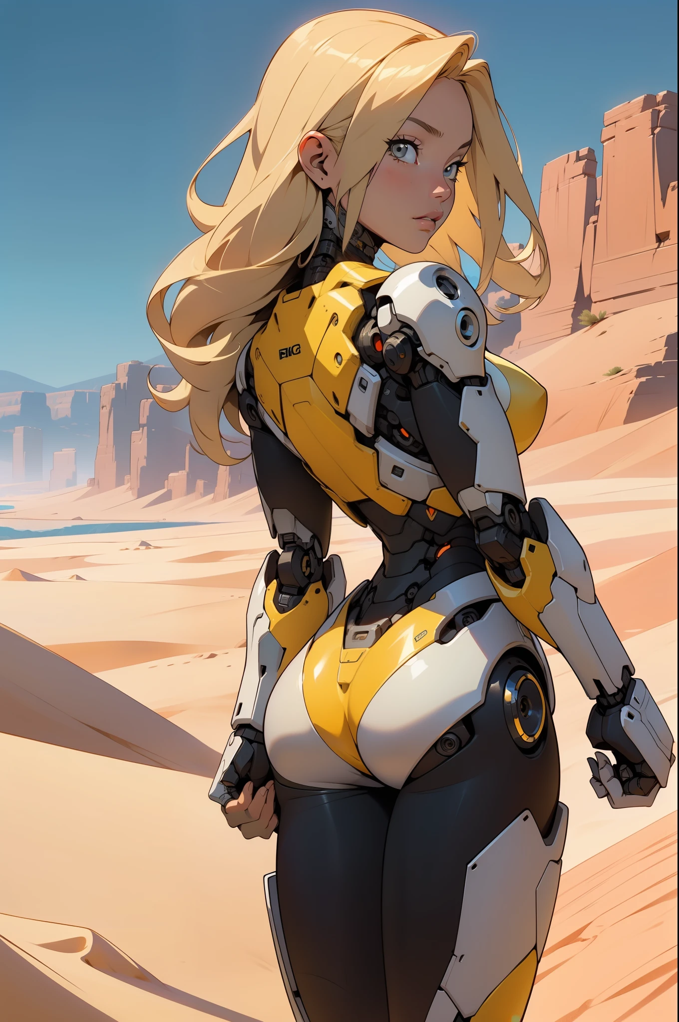 high quality, 4k, masterpiece, beautiful, cyborg girl, cowboy shot, dull eyes, back side, turning around to look at viewer, long blonde hair, girl, small breasts, fit thigh, robotic arms, robotic body, cyborg body, yellow accent, red accent, intricate detail, joint, detailed lines, robotic detail, holding fist up, holding hand up as fist, color robotic parts, robotic parts with color, perfect fingers, on a desert planet, sunny background, colorful desert, a river or a lake in the background