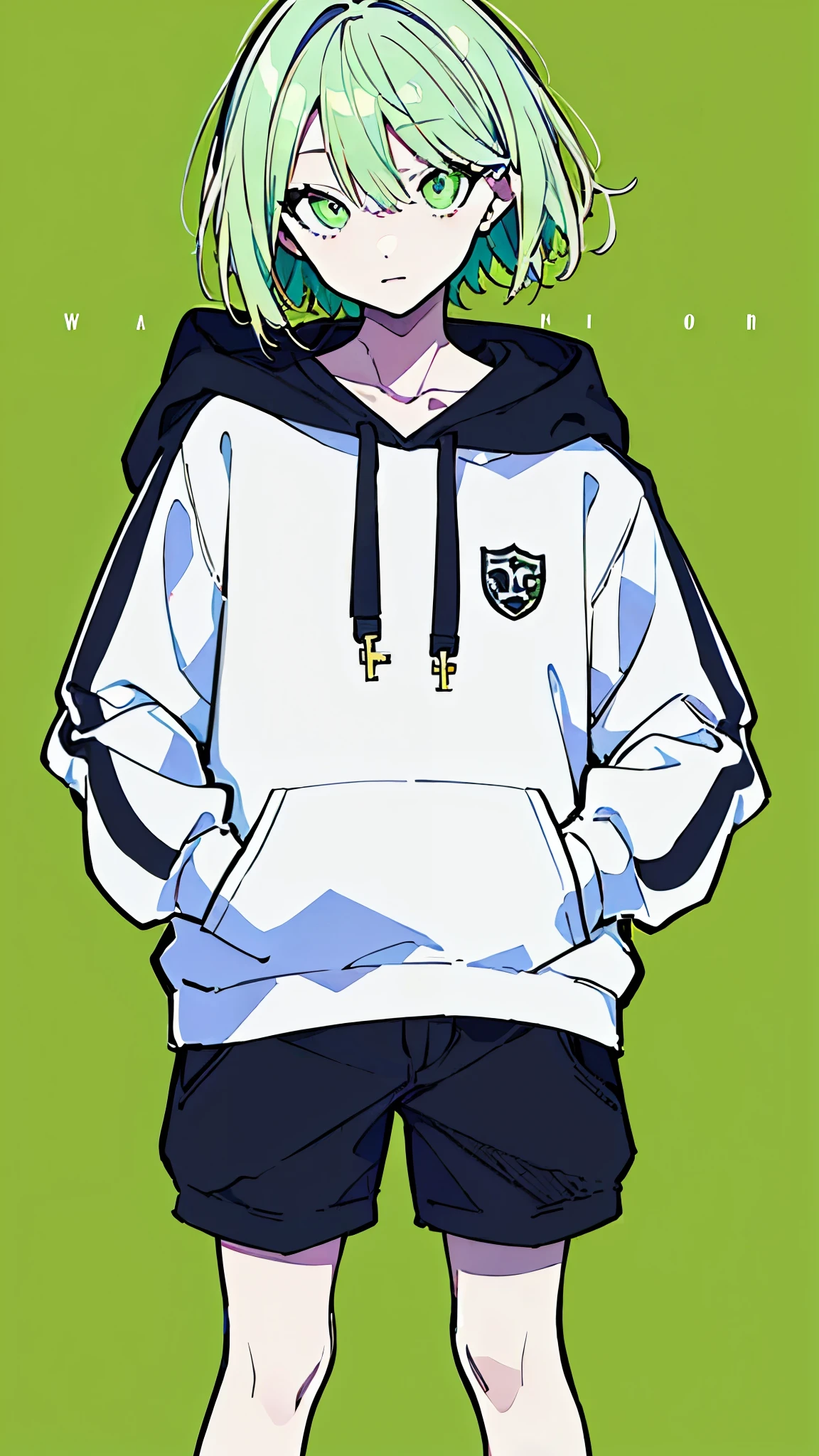 (masterpiece, highest quality:1.6), alone, thick outline, (simple background, light green background, monochrome, light green theme:1.2), official art, Key Visual, 8K, disorganized, whole body, (unique hair, Oversized Hoodies, hot pants, wearing a hood, arch back, short torso:1.2), belly button, thighs, cowboy shot, HDR, sharp focus, High resolution, most detailed, very detailed, Super detailed, finely, detailed eyes and face, sharp pupils, realistic student, solo, green and white contrast, solo, hands in pockets