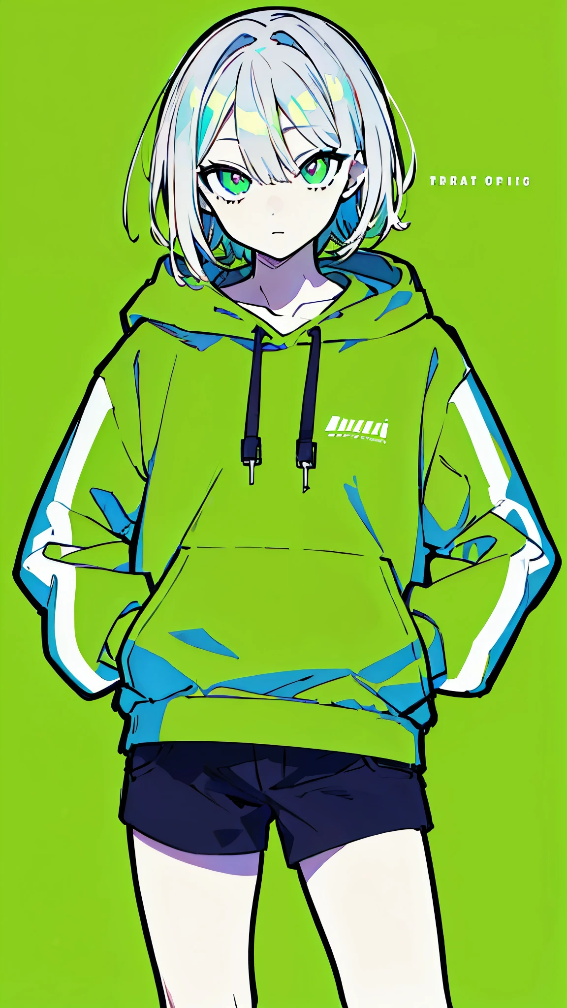 (masterpiece, highest quality:1.6), alone, thick outline, (simple background, light green background, monochrome, light green theme:1.2), official art, Key Visual, 8K, disorganized, whole body, (unique hair, Oversized Hoodies, hot pants, arch back, short torso:1.2), belly button, thighs, cowboy shot, HDR, sharp focus, High resolution, most detailed, very detailed, Super detailed, finely, detailed eyes and face, sharp pupils, realistic student, solo, green and white contrast, solo, hands in pockets