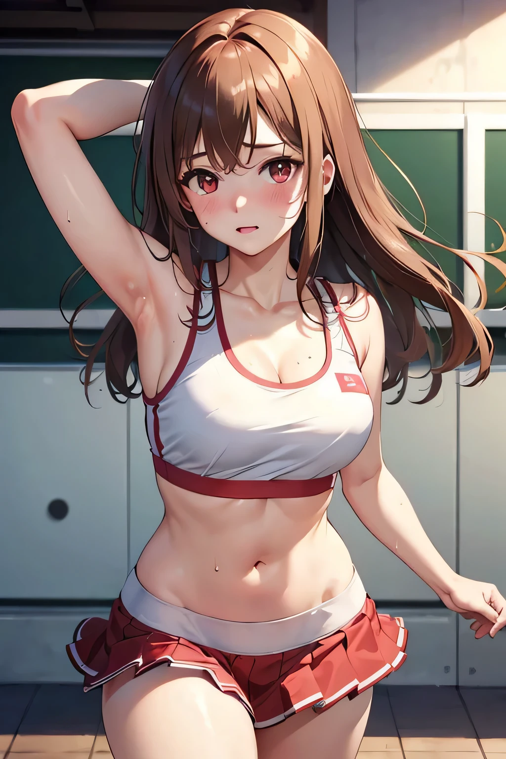 ((4K, masterpiece, highest quality)), 1 girl, anime, Light brown SHRT hair, red eyes, center parted hair, medium breasts, cute, blush, running, white sports bra, morning, Sweat,pleated skirt,school swimwear, Gym, training