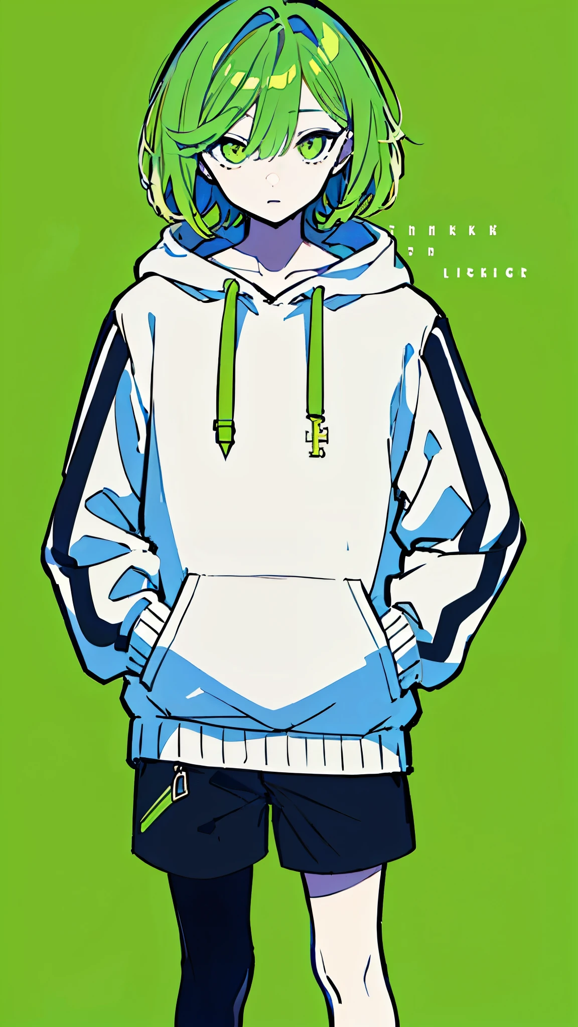 (masterpiece, highest quality:1.6), alone, thick outline, (simple background, light green background, monochrome, light green theme:1.2), official art, Key Visual, 8K, disorganized, whole body, (unique hair, Oversized Hoodies, hot pants, wearing a hood, arch back, short torso:1.2), belly button, thighs, cowboy shot, HDR, sharp focus, High resolution, most detailed, very detailed, Super detailed, finely, detailed eyes and face, sharp pupils, realistic student, solo, green and white contrast, solo, hands in pockets