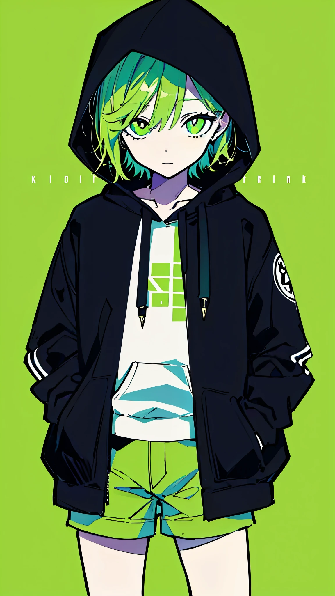 (masterpiece, highest quality:1.6), alone, thick outline, (simple background, light green background, monochrome, light green theme:1.2), official art, Key Visual, 8K, disorganized, whole body, (unique hair, Oversized Hoodies, hot pants, wearing a hood, arch back, short torso:1.2), belly button, thighs, cowboy shot, HDR, sharp focus, High resolution, most detailed, very detailed, Super detailed, finely, detailed eyes and face, sharp pupils, realistic student, solo, green and white contrast, solo, hands in pockets