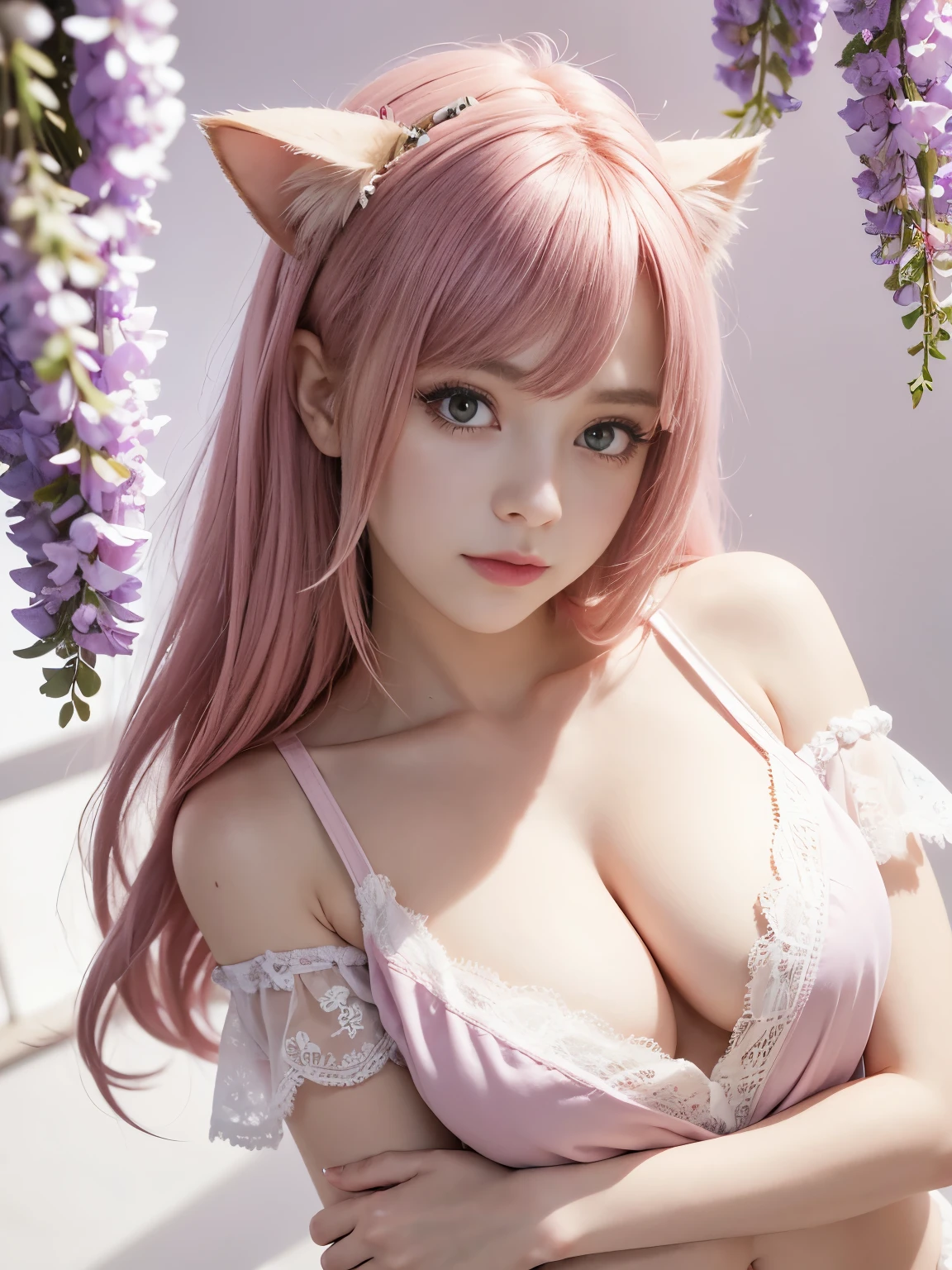 1 girl, alone, cute girl with pink hair, pink eyes, wisteria flower background, soft natural light, Cat ear, Sleeveless white shirt, thin lace shirt, nipples stand out, off shoulder, Beautiful breasts peek out from the emphasized cleavage, hug one's breasts, Kiss your beautiful breasts, Full body Esbian,