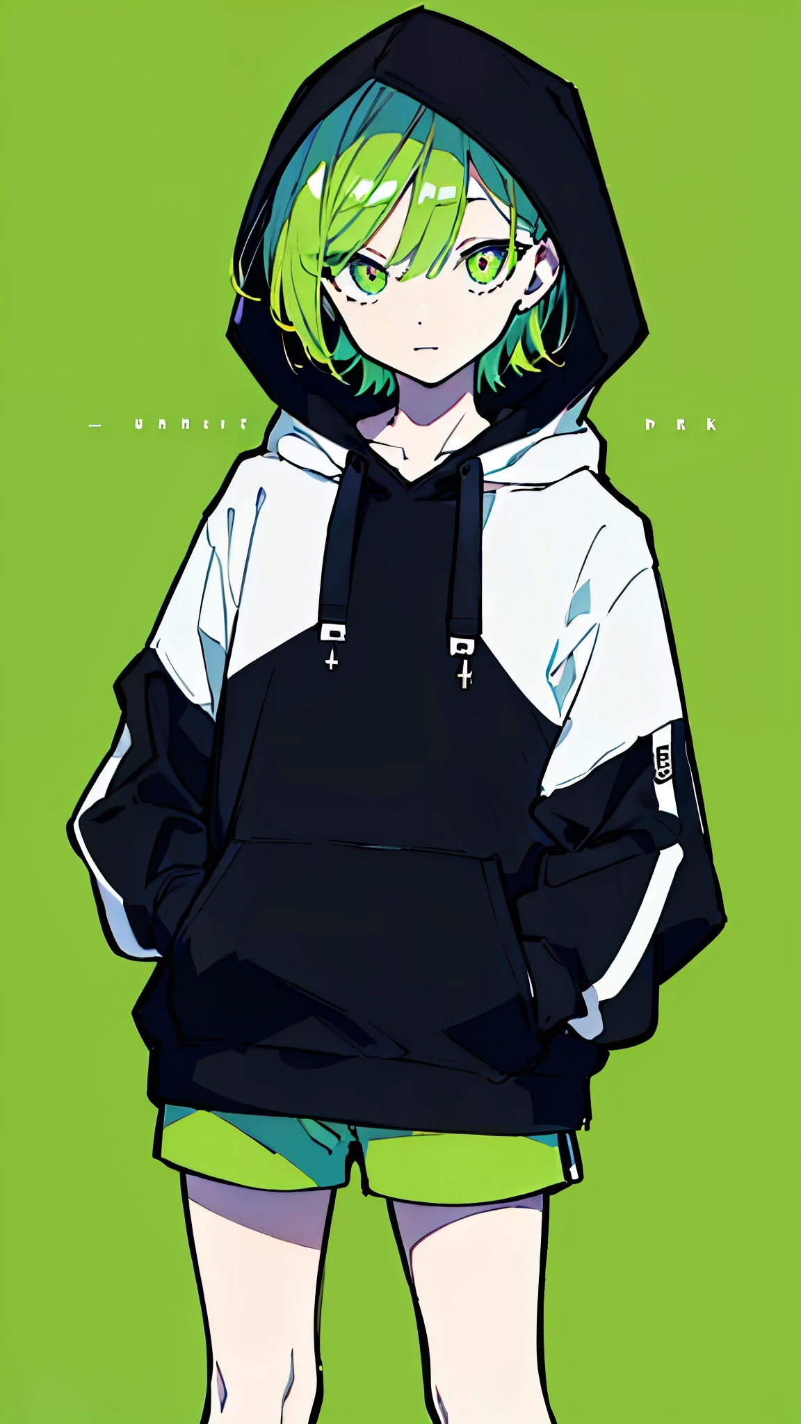 (masterpiece, highest quality:1.6), alone, thick outline, (simple background, light green background, monochrome, light green theme:1.2), official art, Key Visual, 8K, disorganized, whole body, (unique hair, Oversized Hoodies, hot pants, wearing a hood, arch back, short torso:1.2), belly button, thighs, cowboy shot, HDR, sharp focus, High resolution, most detailed, very detailed, Super detailed, finely, detailed eyes and face, sharp pupils, realistic student, solo, green and white contrast, solo, hands in pockets