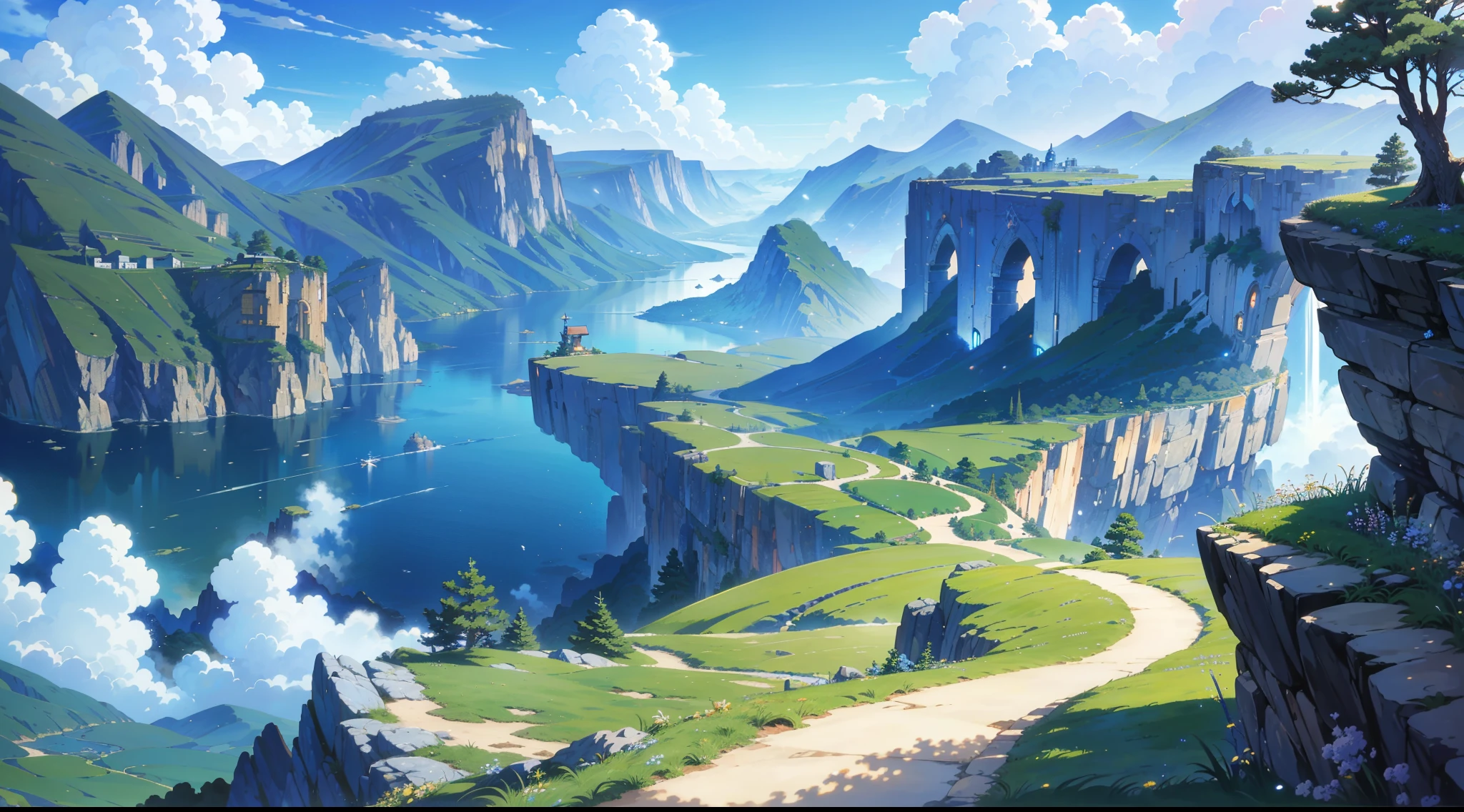 (Best quality),(masterpiece),(ultra detailed),(high detailed),(extremely detailed),anime scenery landscape in the style of Miyazaki Nausicaa Ghibli, by Shinkai Makoto