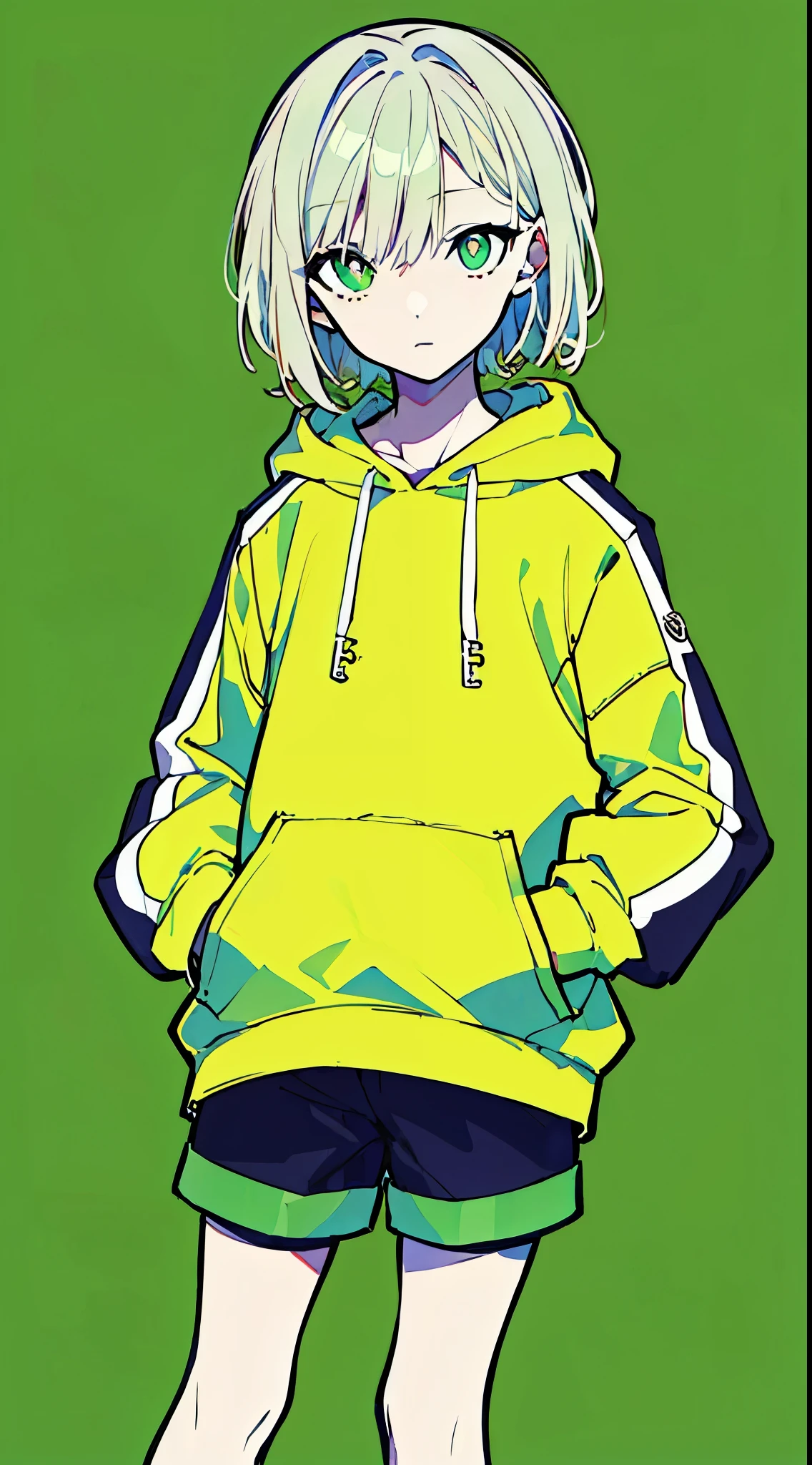 (masterpiece, highest quality:1.6), alone, thick outline, (simple background, light green background, monochrome, light green theme:1.2), official art, Key Visual, 8K, disorganized, whole body, (unique hair, Oversized Hoodies, hot pants, arch back, short torso:1.2), belly button, thighs, cowboy shot, HDR, sharp focus, High resolution, most detailed, very detailed, Super detailed, finely, detailed eyes and face, sharp pupils, realistic student, solo, green and white contrast, solo, hands in pockets