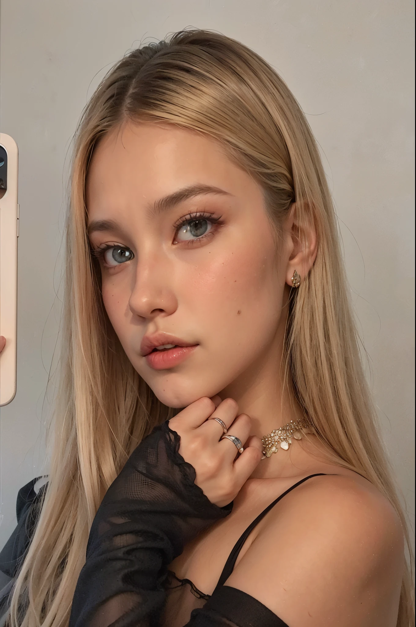 mulher loira com cabelos longos e luvas pretas tirando uma selfie, face like exposed ester, olhar sensual, rosto sexy com maquiagem completa, modelo do instagram, estilo de julia razumova, beleza de cair o queixo, beleza de cair o queixo, dasha taran, Aleksandra Waliszewska, Angie Glock, inspired by Károly Lotz, blackpink jennie