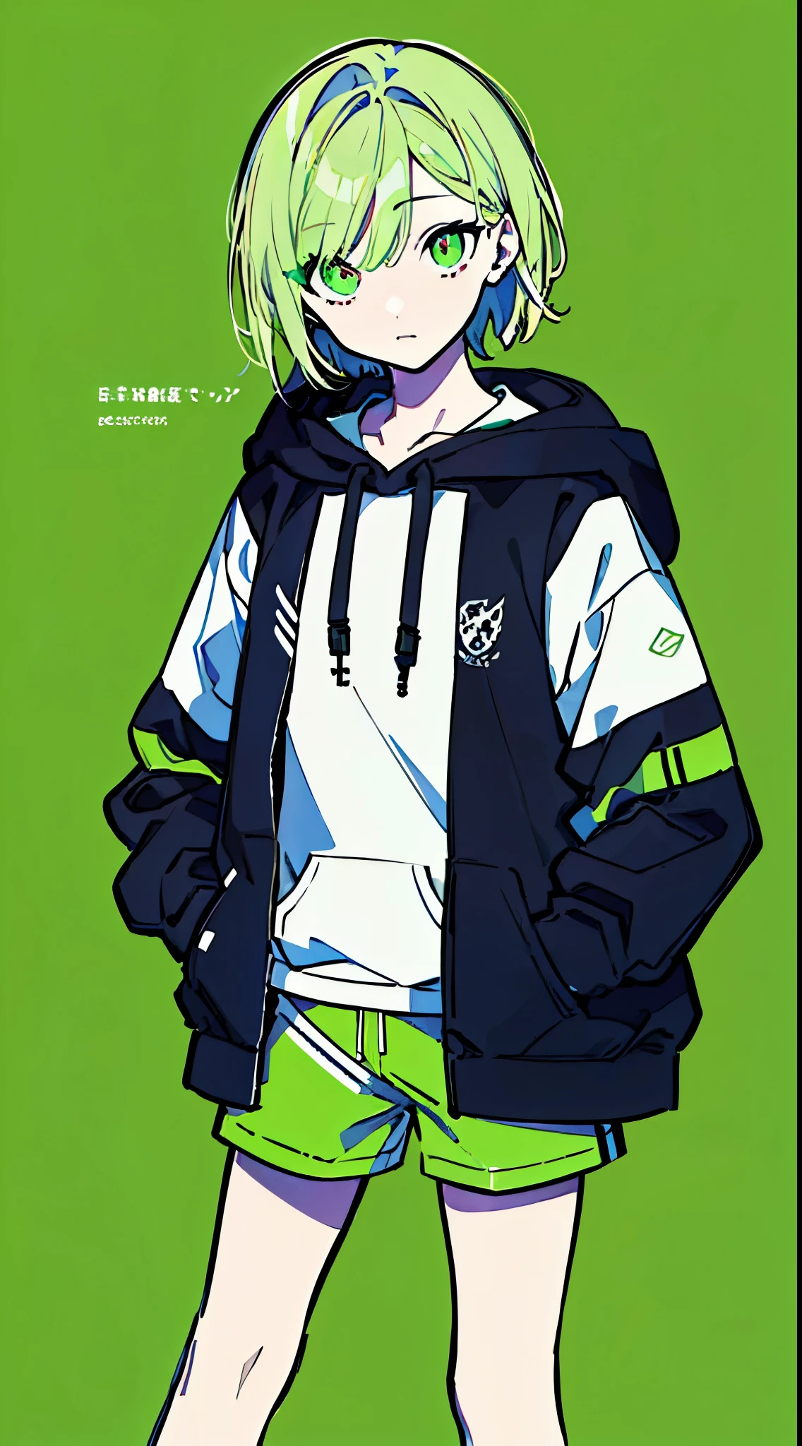 (masterpiece, highest quality:1.6), alone, thick outline, (simple background, light green background, monochrome, light green theme:1.2), official art, Key Visual, 8K, disorganized, whole body, (unique hair, Oversized Hoodies, hot pants, wearing a hood, arch back, short torso:1.2), belly button, thighs, cowboy shot, HDR, sharp focus, High resolution, most detailed, very detailed, Super detailed, finely, detailed eyes and face, sharp pupils, realistic student, solo, green and white contrast, solo, hands in pockets