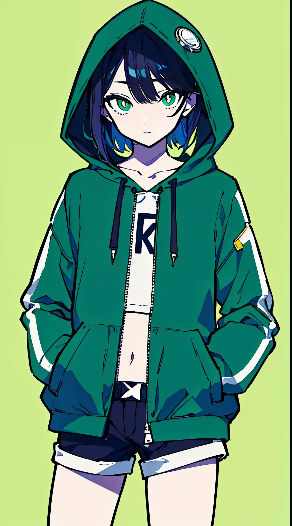(masterpiece, highest quality:1.6), alone, thick outline, (simple background, light green background, monochrome, light green theme:1.2), official art, Key Visual, 8K, disorganized, whole body, (unique hair, Oversized Hoodies, hot pants, wearing a hood, arch back, short torso:1.2), belly button, thighs, cowboy shot, HDR, sharp focus, High resolution, most detailed, very detailed, Super detailed, finely, detailed eyes and face, sharp pupils, realistic student, solo, green and white contrast, solo, hands in pockets