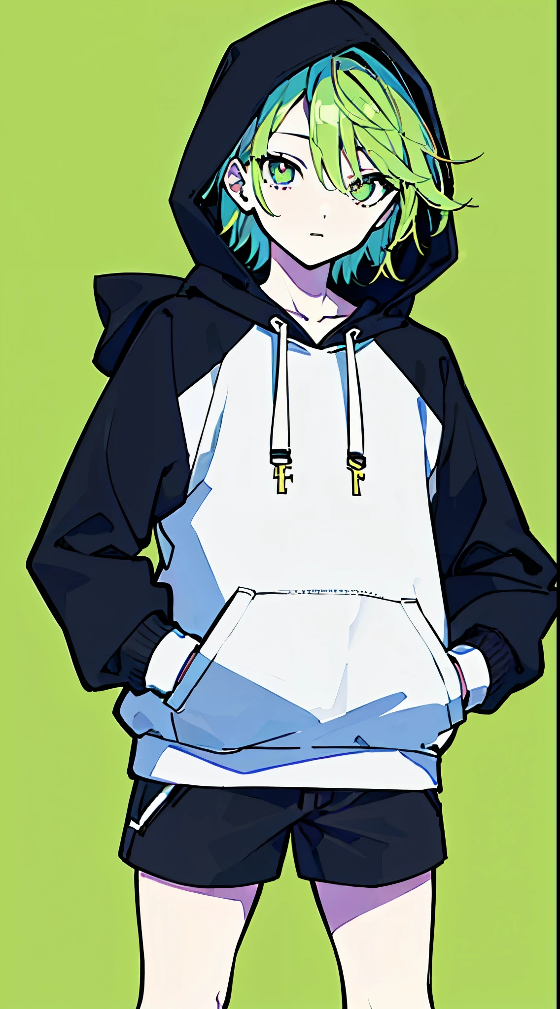 (masterpiece, highest quality:1.6), alone, thick outline, (simple background, light green background, monochrome, light green theme:1.2), official art, Key Visual, 8K, disorganized, whole body, (unique hair, Oversized Hoodies, hot pants, wearing a hood, arch back, short torso:1.2), belly button, thighs, cowboy shot, HDR, sharp focus, High resolution, most detailed, very detailed, Super detailed, finely, detailed eyes and face, sharp pupils, realistic student, solo, green and white contrast, solo, hands in pockets
