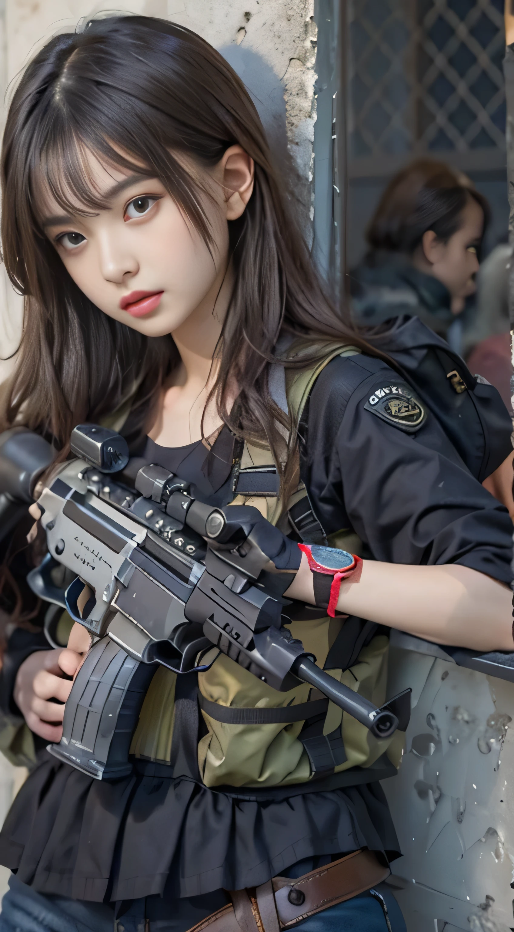 realistic, High resolution, 1 female, 15 years old, Japanese, alone, sexy, hip up, show viewer, (detailed face), Swat Vest, gun, jewelry