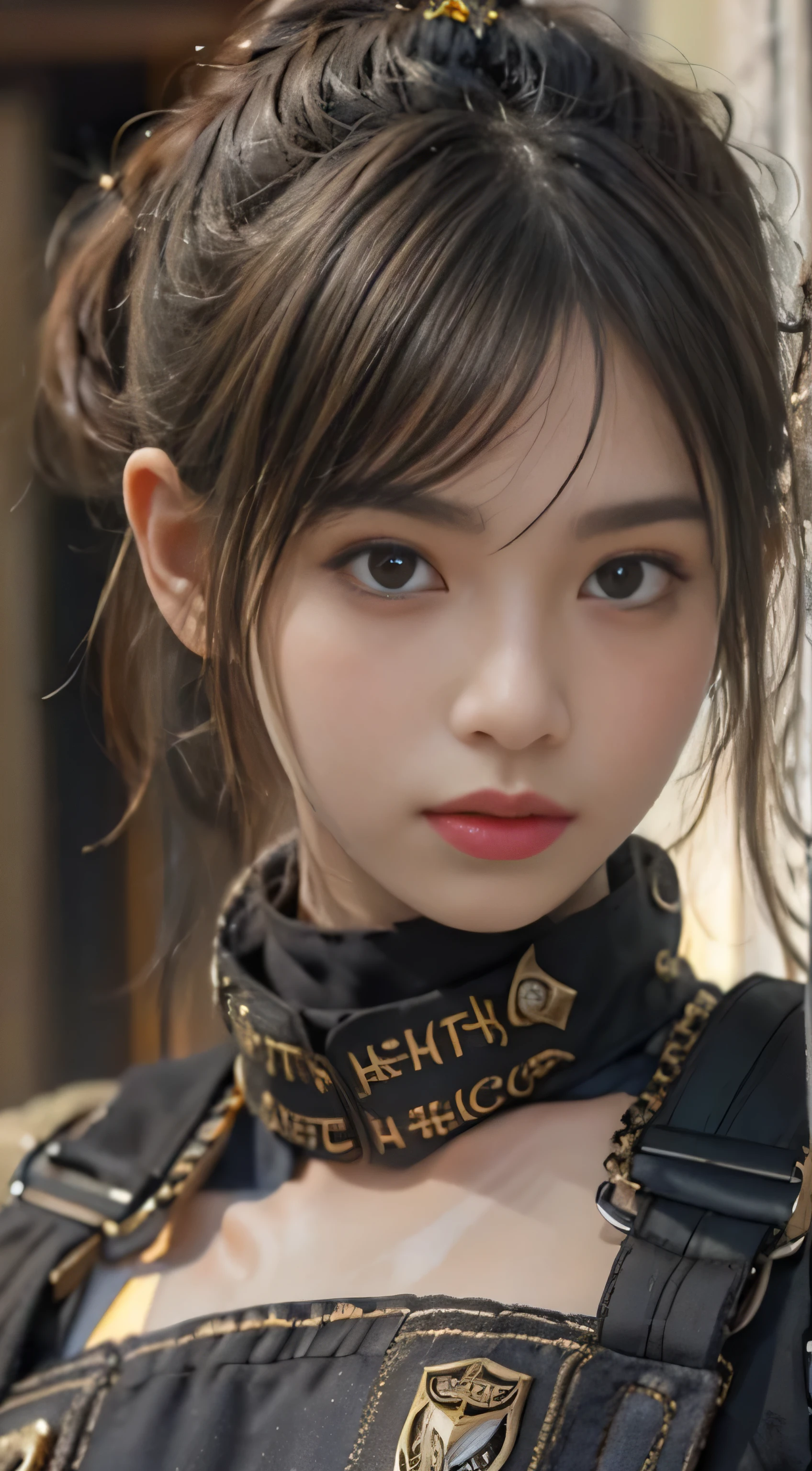 realistic, High resolution, 1 female, 15 years old, Japanese, alone, sexy, hip up, show viewer, (detailed face), Swat Vest, gun, jewelry