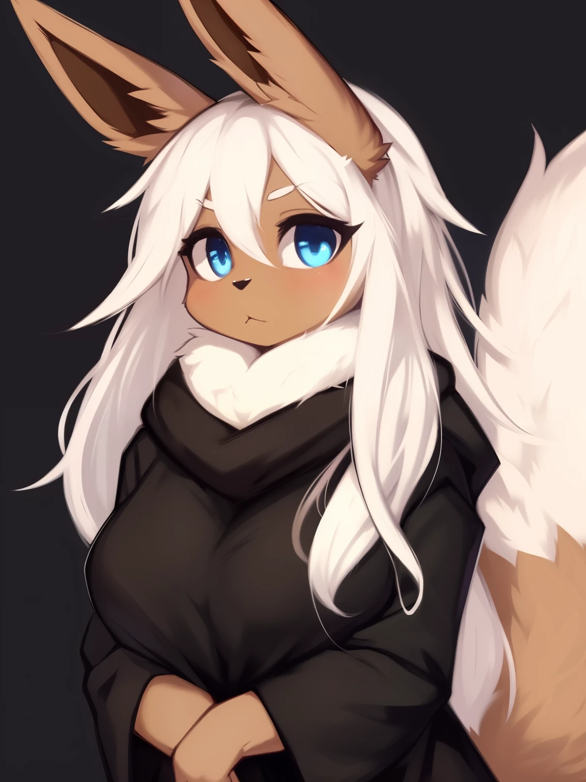 ((masterpiece, best quality)) by zackary911,zackary911, eevee anthro, solo, one character, blue eyes, female, fluffy fur, big fluffy tail, breast, fluffy fur neck, long white hair, wide hips, black hoodie