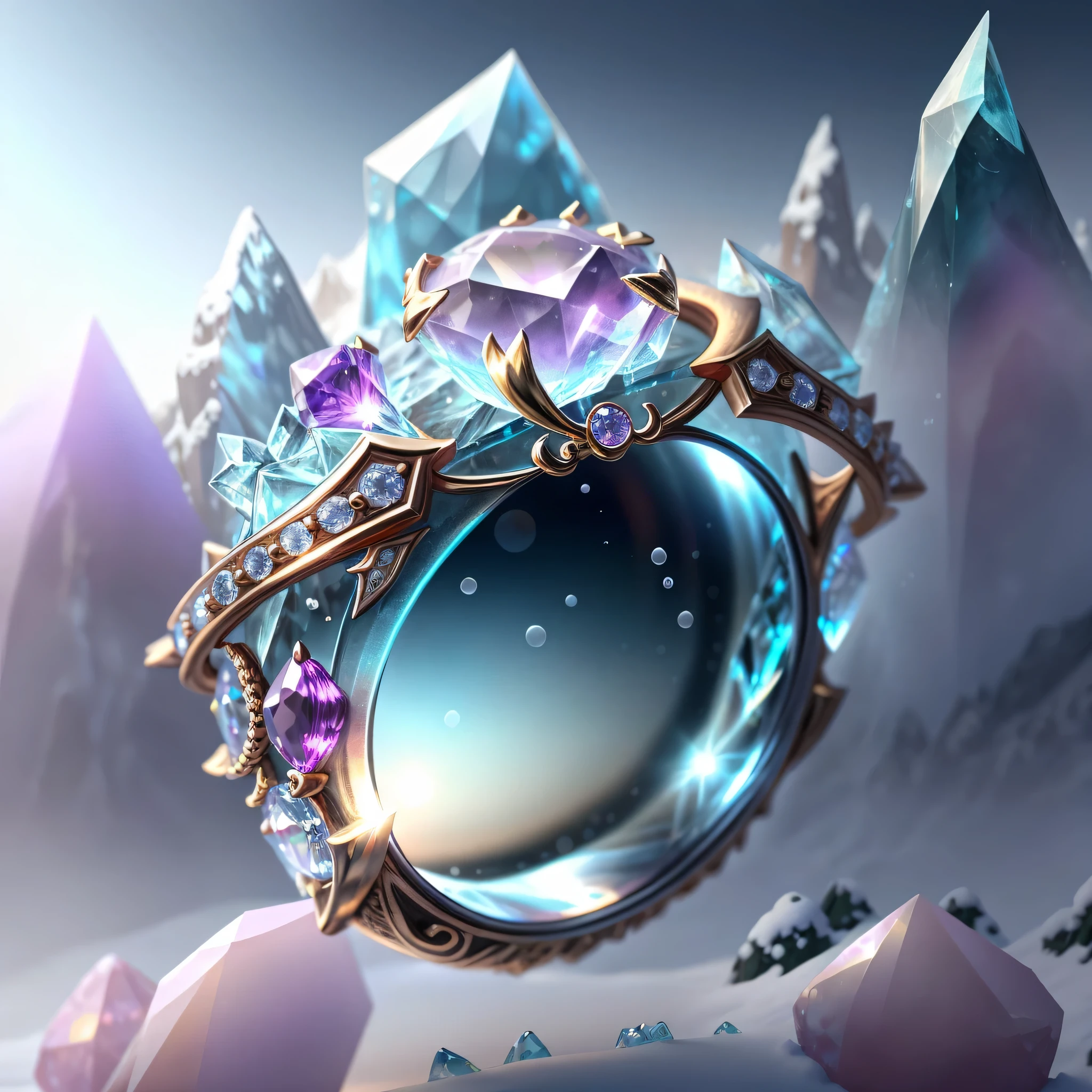 Product picture of the ring,Gold ring with purple stones,masterpiece,(Highly detailed CG Unity 8k wallpaper),(Best quality),(Best Illustration),(Best shadow),In the background is a snow-covered Antarctic landscape..,Transparent ethereal iceberg,Crystal clear iceberg,frozen lake,(particle effect),Winter concept art, Detailed fantasy digital art, Highly detailed 4K digital art, fantasy art behance, surreal frozen landscape, ❄️ Dream Concept Art, highly detailed fantasy art, Detailed digital 2D fantasy art isometric 3D,rendering by octane number, ray tracing,super detailed