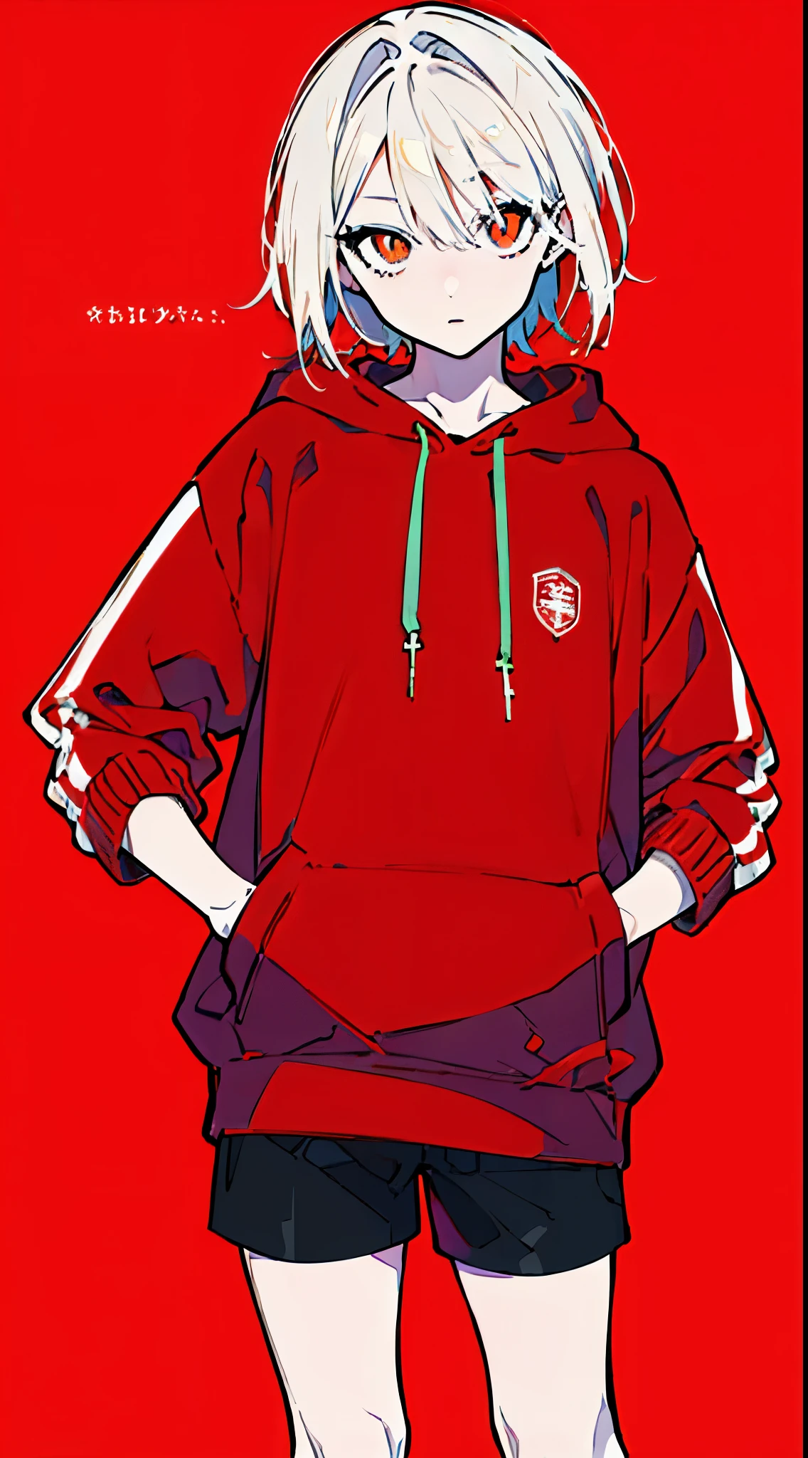 (masterpiece, highest quality:1.6), alone, thick outline, (simple background, bright red background, monochrome, bright red theme:1.2), official art, Key Visual, 8K, disorganized, whole body, (unique hair, Oversized Hoodies, hot pants, arch back, short torso:1.2), belly button, thighs, cowboy shot, HDR, sharp focus, High resolution, most detailed, very detailed, Super detailed, finely, detailed eyes and face, sharp pupils, realistic student, solo, contrast between red and white, solo, hands in pockets