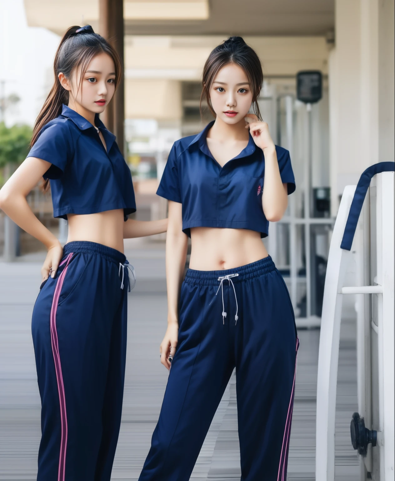 3 girls in fitness center, Navy blue short-sleeved shirt,Navy Long Trackpant,Sweatpants, Sweatpantsขายาว,25 year old girl, lesbian, sexy, exercise clothes, wet body, exercise clothes