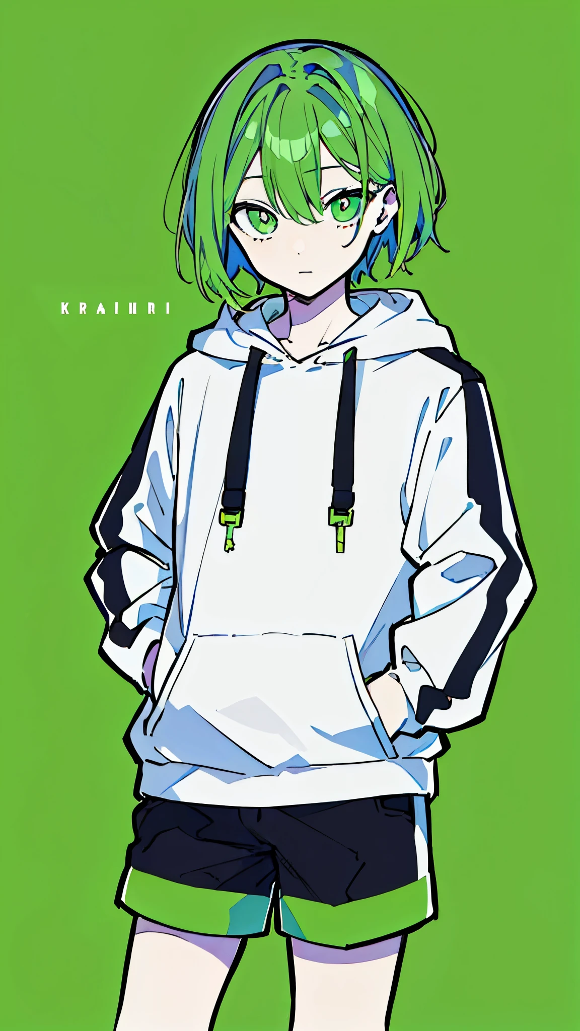 (masterpiece, highest quality:1.6), alone, thick outline, (simple background, light green background, monochrome, light green theme:1.2), official art, Key Visual, 8K, disorganized, whole body, (unique hair, Oversized Hoodies, hot pants, wearing a hood, arch back, short torso:1.2), belly button, thighs, cowboy shot, HDR, sharp focus, High resolution, most detailed, very detailed, Super detailed, finely, detailed eyes and face, sharp pupils, realistic student, solo, green and white contrast, solo, hands in pockets