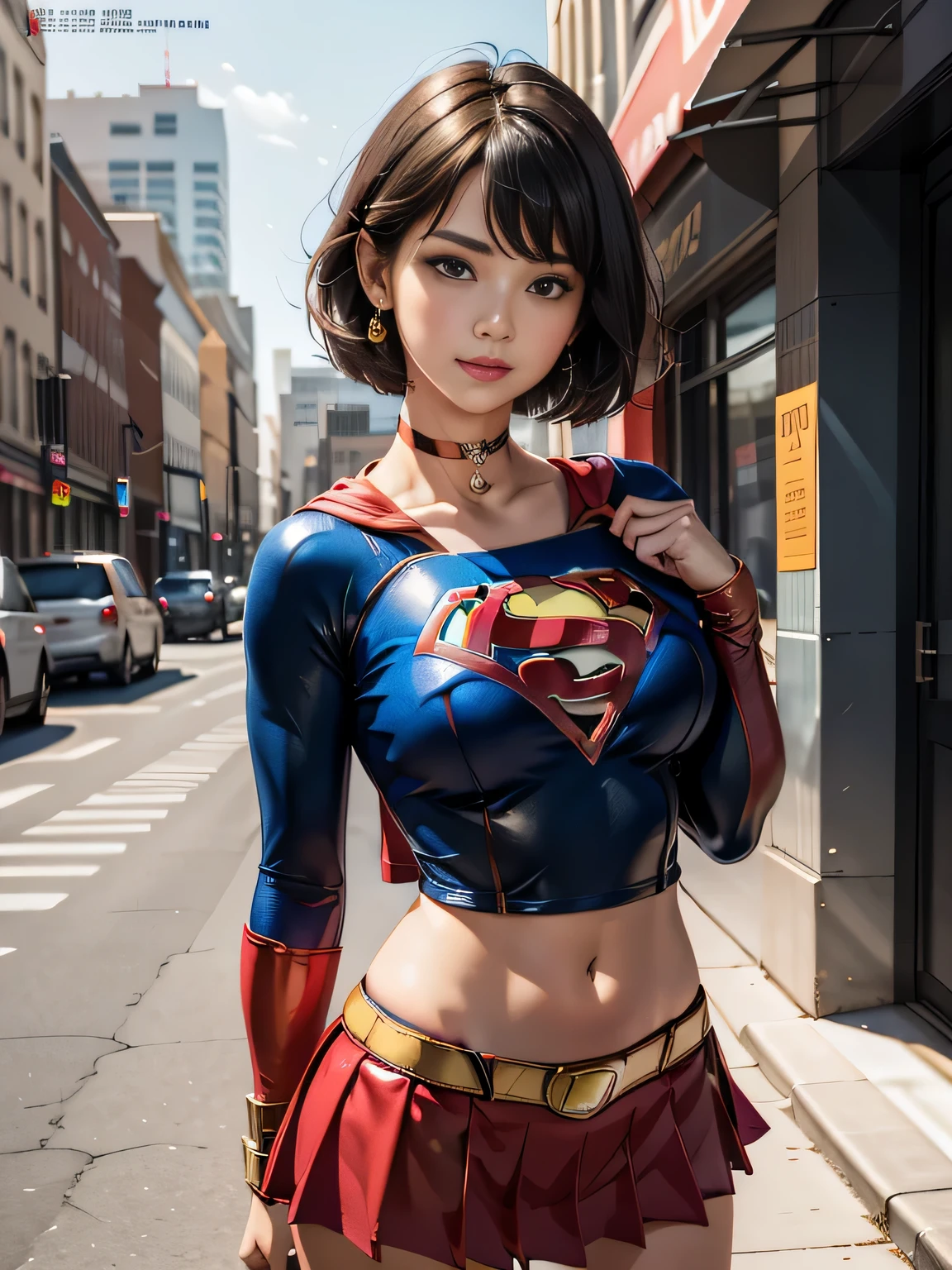 ​masterpiece、Short-haired Supergirl fell into a quagmire、large full breasts、Looking at the camera、Glossy costume、Crotch、Mud stains、Covered in mud、wounded