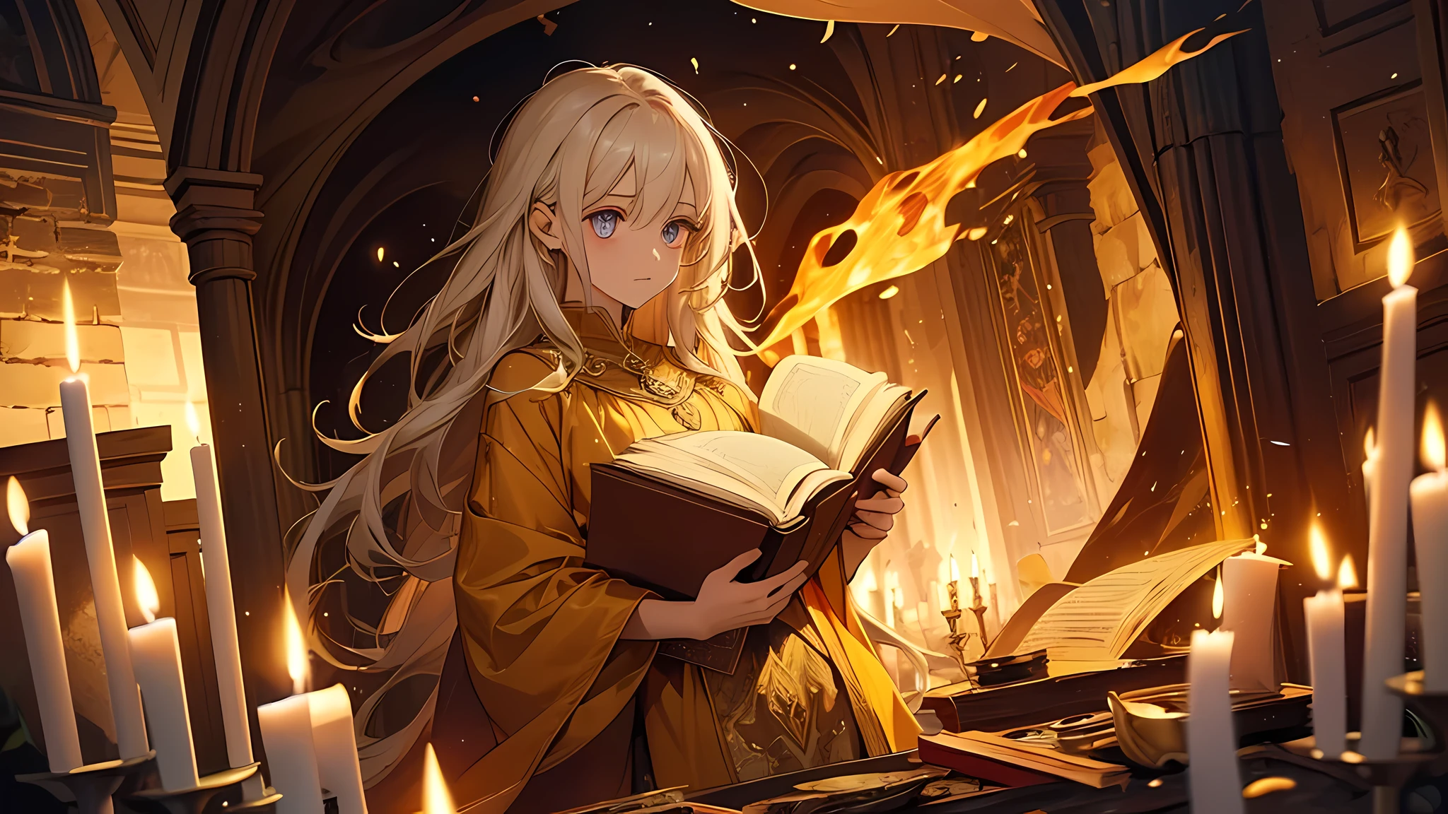 Deep within an underground chamber, a girl with eyes like liquid gold holds an ancient book open before her, and with a wave of her hand, the candles lining the chamber's walls burst into dazzling flames, illuminating the secrets hidden within the pages. . It’s something so absurd that I thought it only exists in novels or fairy tales
